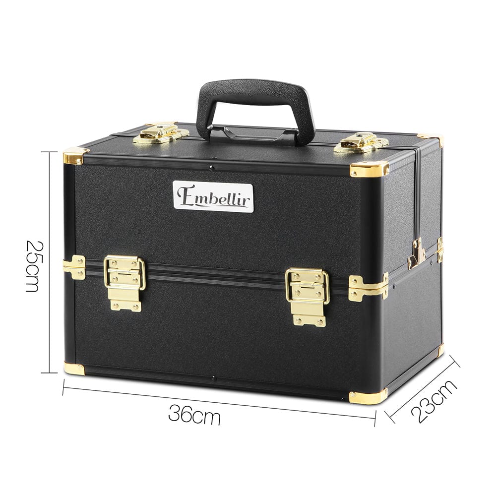 Embellir Portable Cosmetic Beauty Makeup Case - Travel Organizer for Makeup Brushes & Cosmetics | Black & Gold | Perfect for Travel, Home & Salon Use