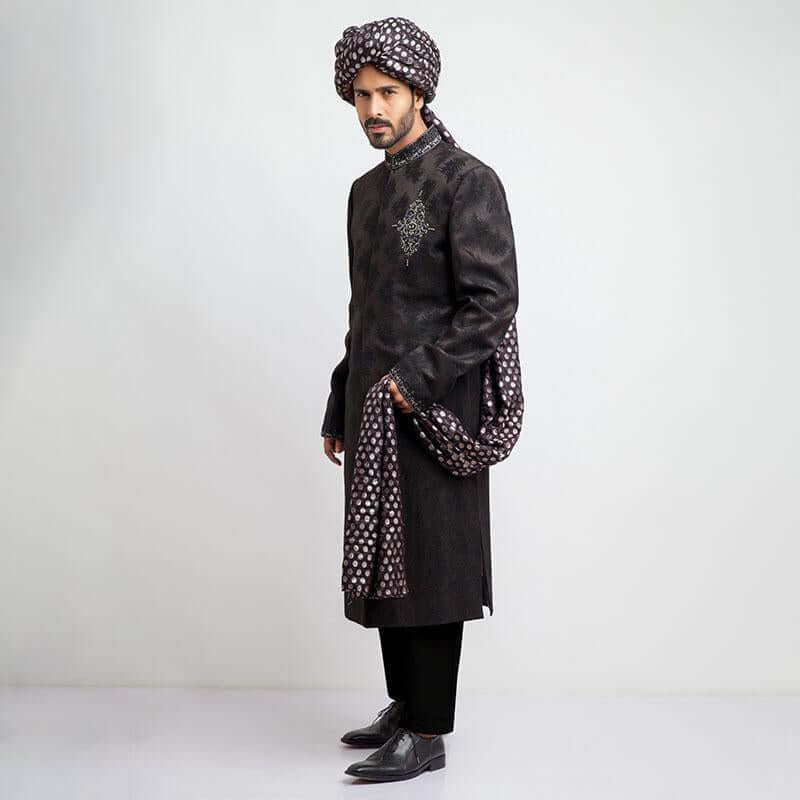 Elegant Black Jacquard Sherwani with Zardozi Embroidery - Slim Fit Indian Wedding Sherwani for Men | Perfect for Groom Outfits, Festive Celebrations & Special Occasions