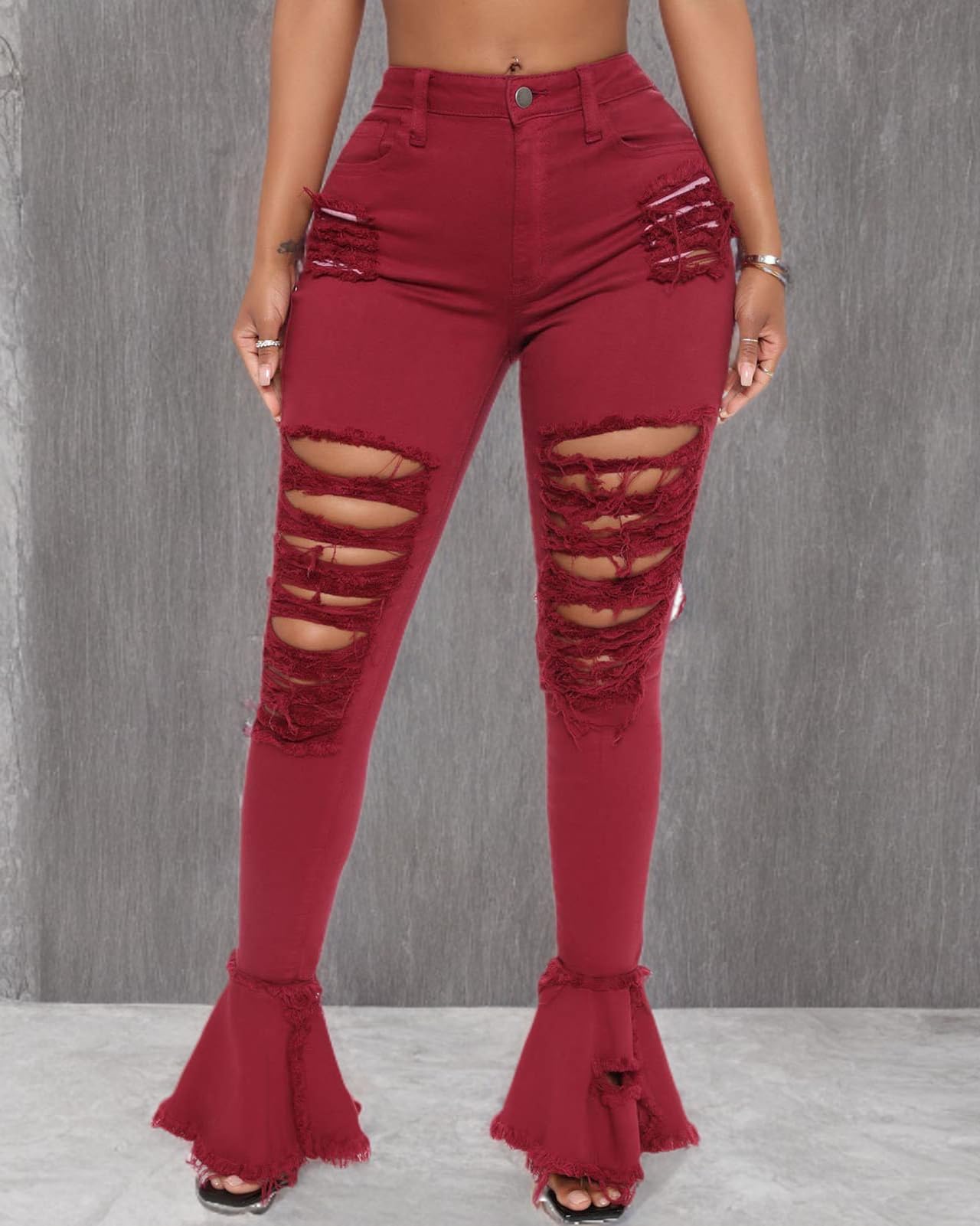 Women's High Waist Bell Bottom Jeans - Distressed Ripped Flare Denim Pants with Elastic Waist & Raw Hem | Retro 70s Style for Casual Outfits & Music Festivals