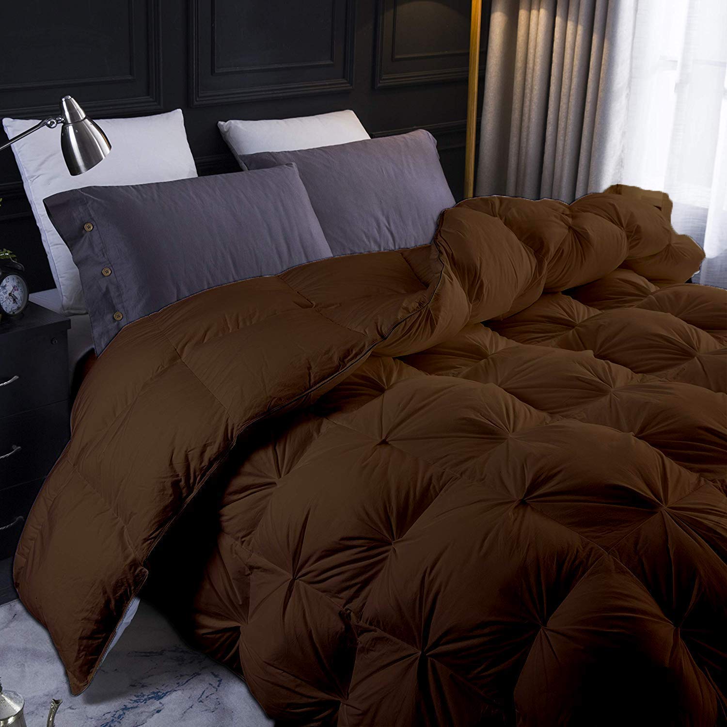 600 GSM All-Season 3-Piece Quilted Pinch Pleated Comforter Set - King Size Oversized 100% Cotton Duvet Insert with 2 Pillow Shams (Chocolate Brown) for Cozy Bedroom Decor & Luxurious Hotel-Style Sleeping Experience