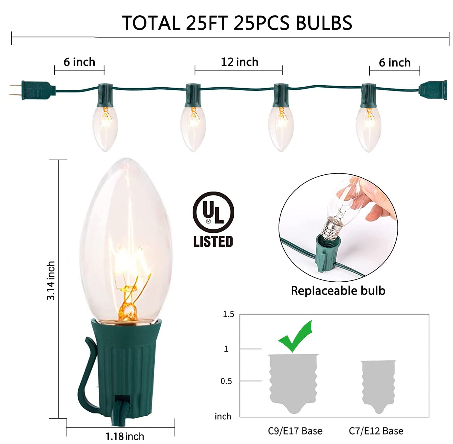 C9 Clear Christmas String Lights 25Ft - 26 Bulbs Outdoor Hanging Lights for Roofline, Patio & Yard Decor - 7 Watt E17 Intermediate Base Green Wire - Perfect for Holiday, Wedding & Party Lighting
