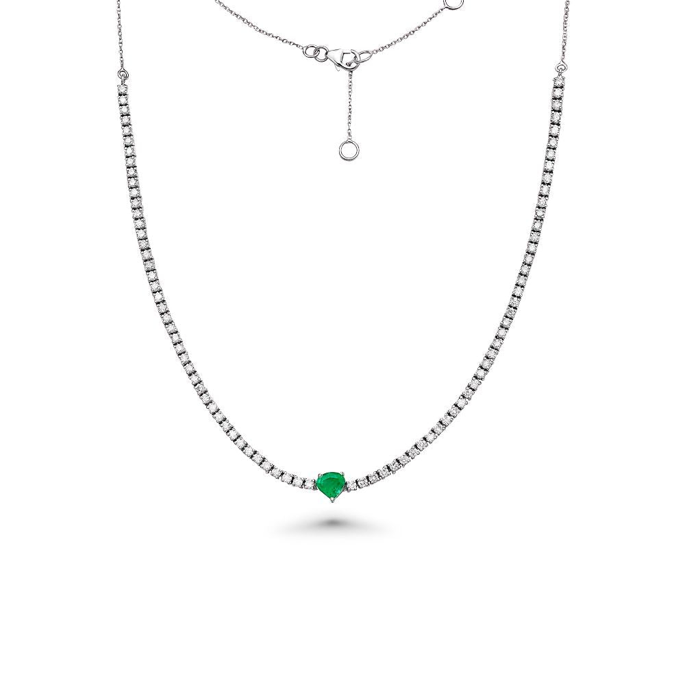 14K Gold Halfway Diamond Tennis Necklace with Heart-Shaped Emerald (3.36ct) - 4-Prong Setting for Anniversary Gifts & Special Occasions
