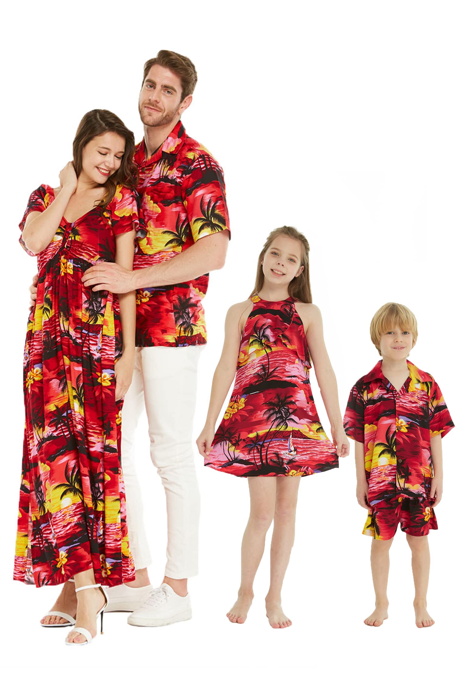 Hawaiian Luau Outfits for Family - Matching Sunset Red Aloha Shirts for Men, Women, Boys & Girls | Perfect for Beach Parties, Luau Events & Summer Vacations