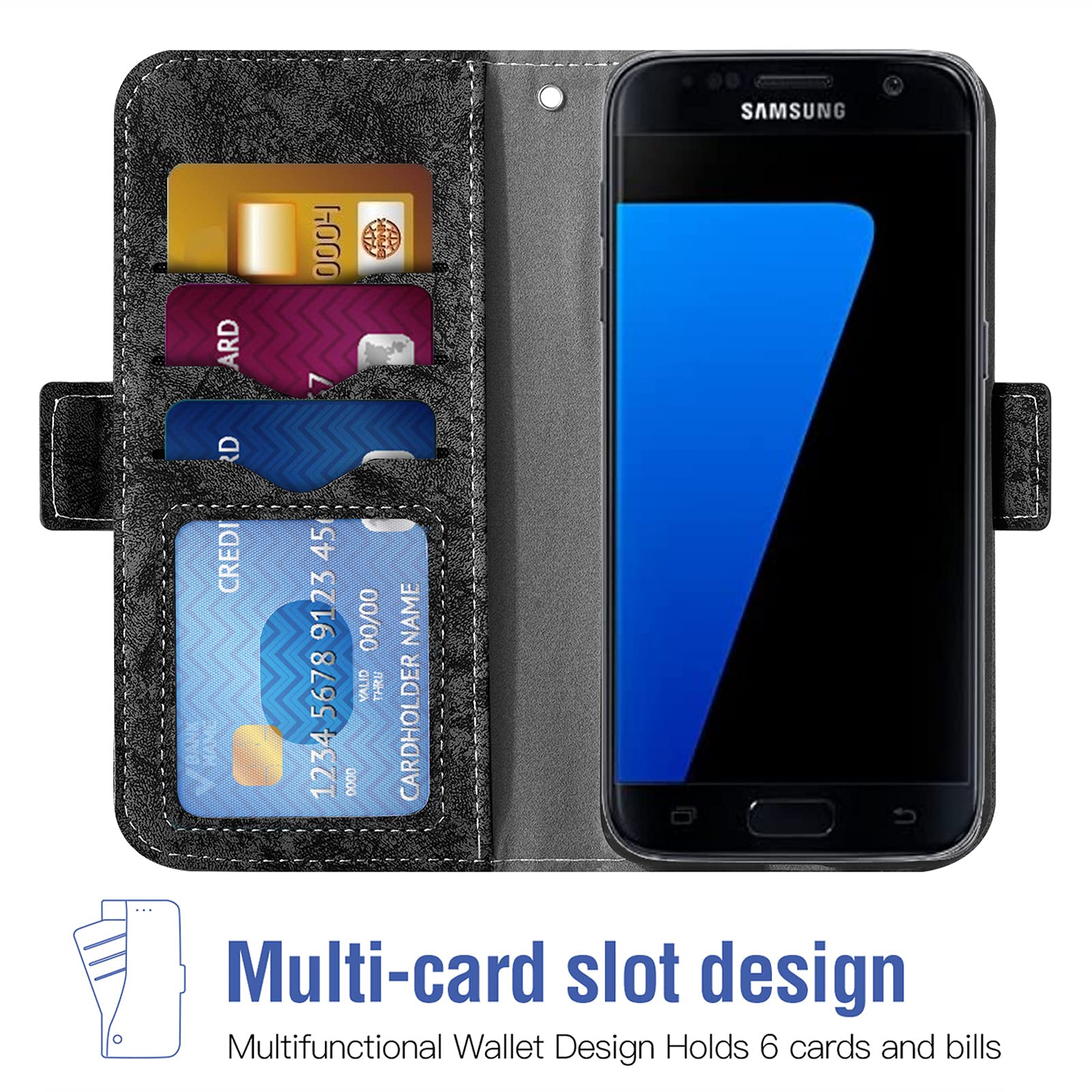 ASUWISH Wallet Case for Samsung Galaxy S7 Edge with Tempered Glass Screen Protector & Card Holder - Kickstand Phone Cover for Galaxy S7 Edge/S7 Plus/GS7 (Black) - Perfect for Business, Travel & Daily Use