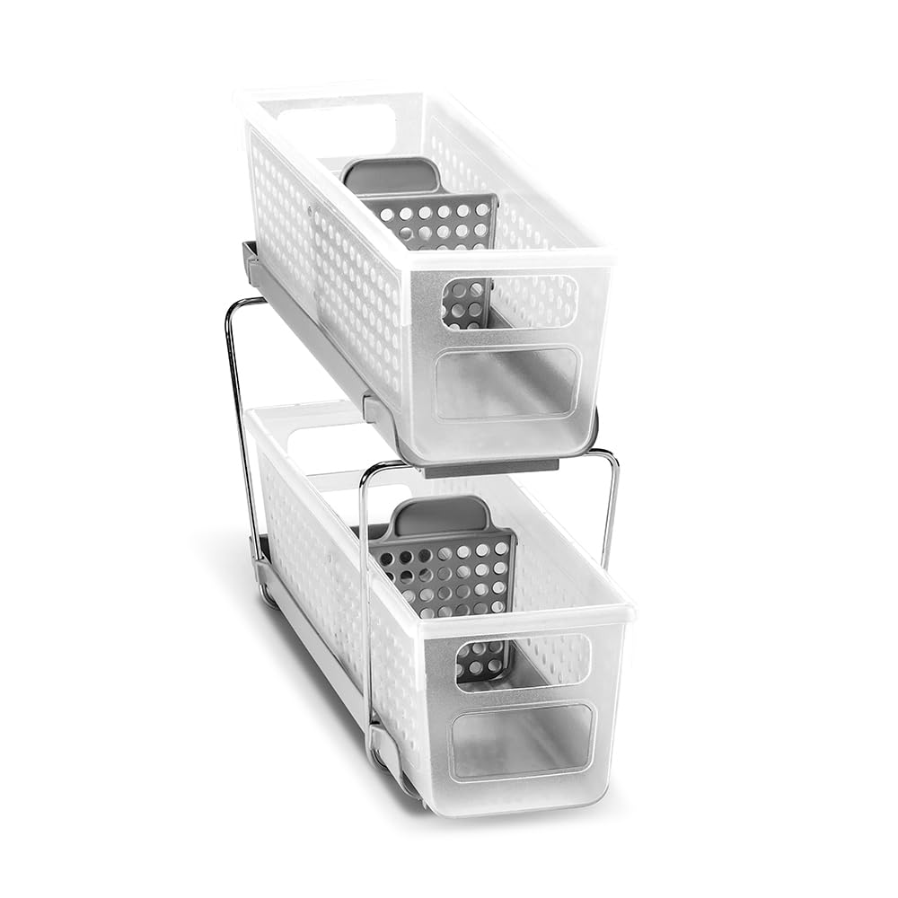 Madesmart 2-Tier Plastic Mini Multipurpose Organizer with Divided Slide-Out Bins - Compact Under Sink & Cabinet Storage Rack, Frosted White - Perfect for Bathroom, Kitchen, Office & Closet Organization