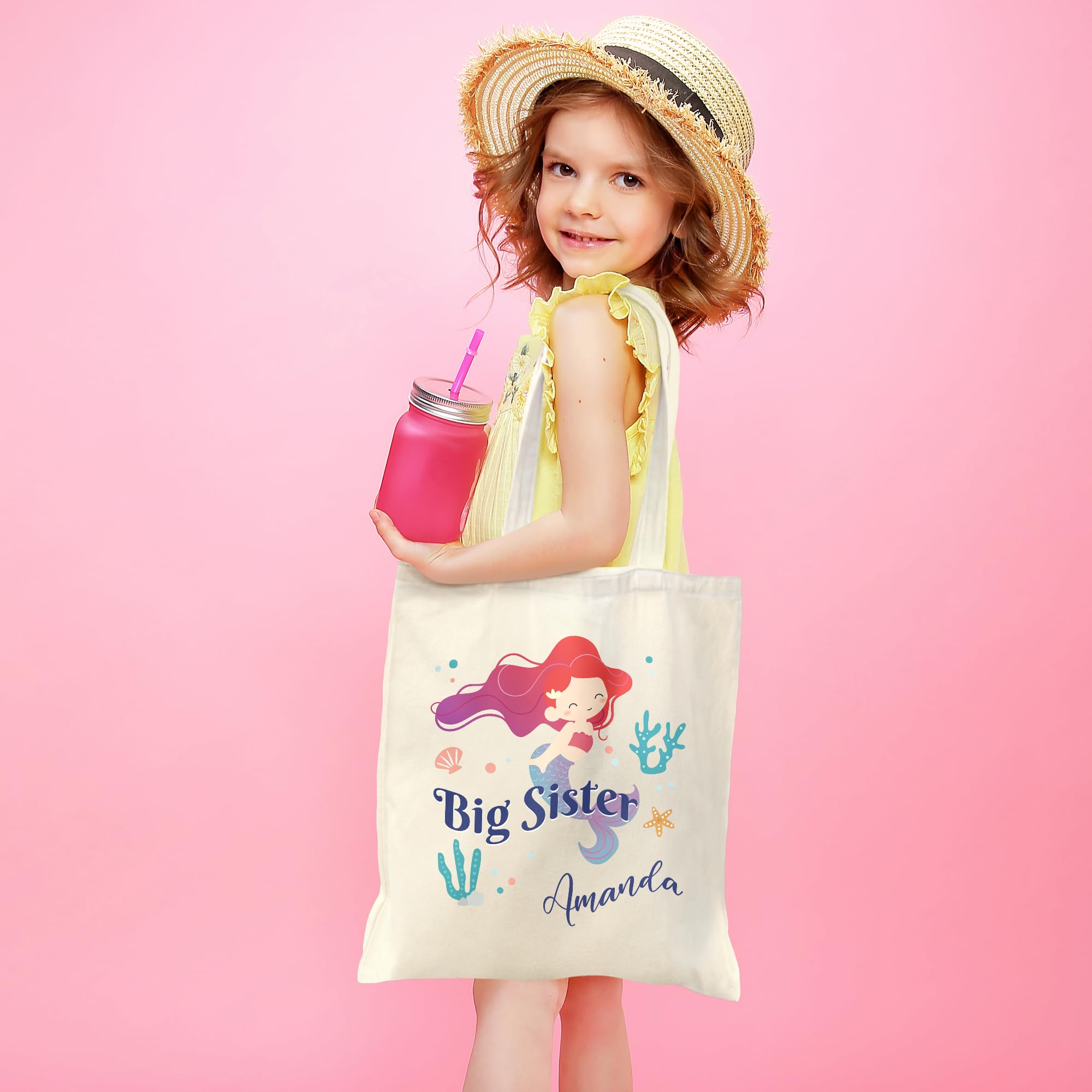 Personalized Big Sister Tote Bag - Custom Name & Mermaid Design Baby Shower Gift for Sister, Daughter, Granddaughter, Niece (Design 01, Beige, Medium) - Perfect for Celebrations, Baby Showers & Thoughtful Keepsakes