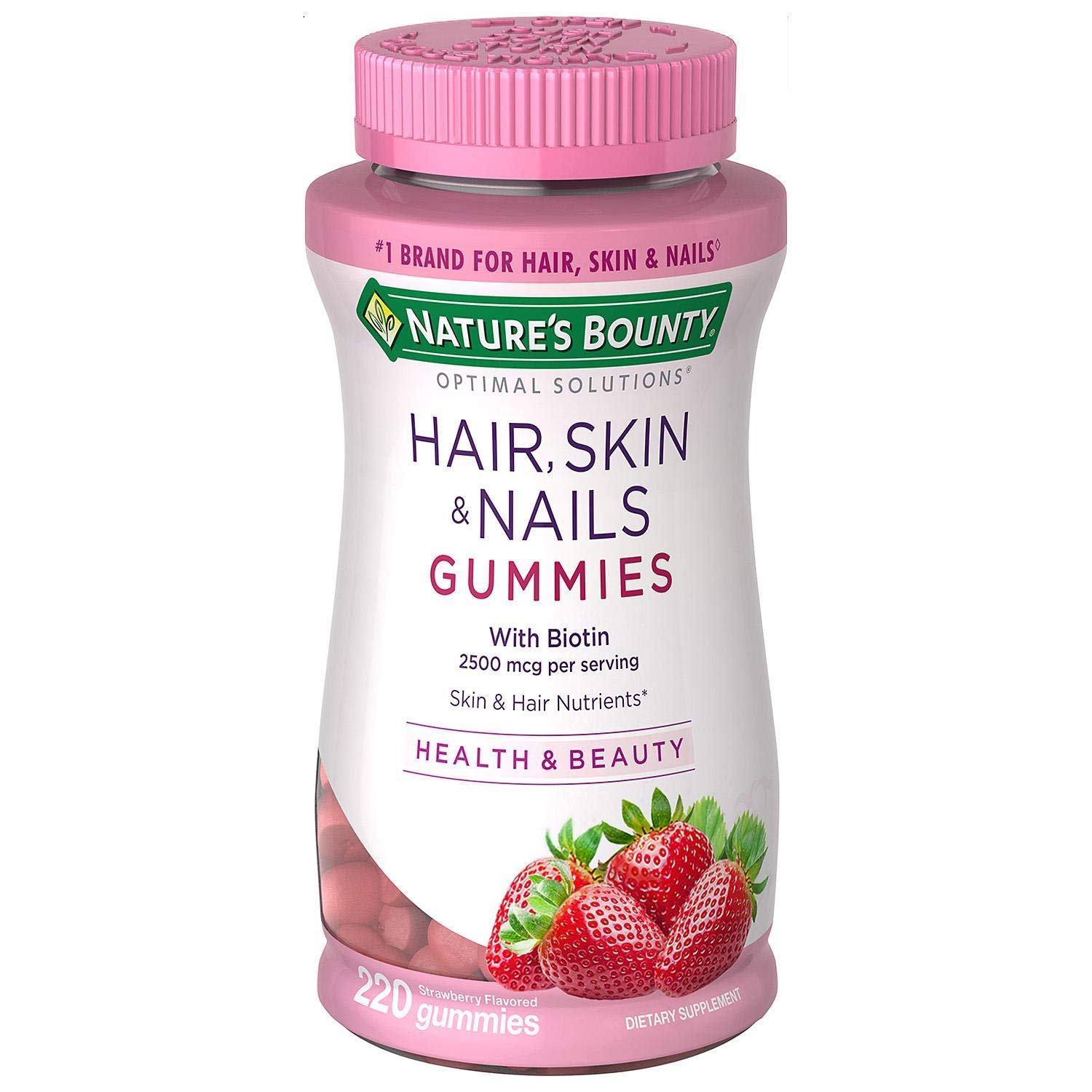 Natures Bounty Optimal Solutions Hair, Skin & Nails Gummies - 220 Count | Biotin & Collagen Supplement for Healthy Hair Growth, Glowing Skin & Strong Nails | Perfect for Daily Beauty Routine & Wellness Support