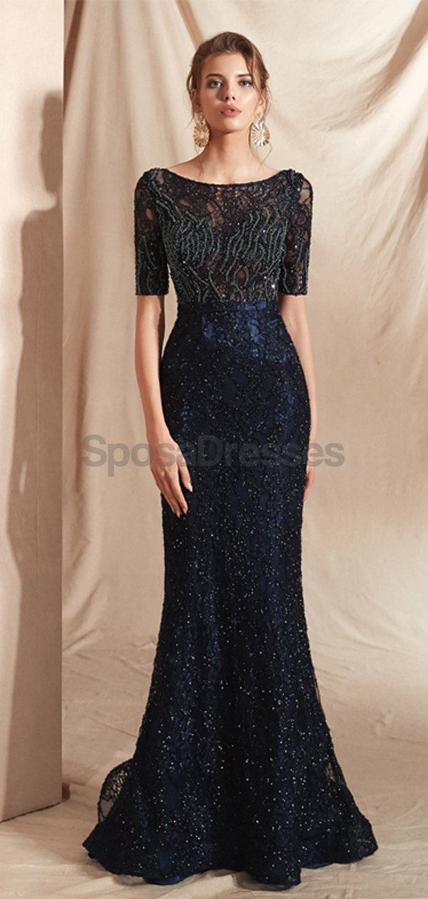 Elegant Navy Blue Long Sleeve Lace Beaded Mermaid Prom Dress for Evening Parties & Formal Events - Perfect for Homecoming, Wedding Guest & Special Occasions