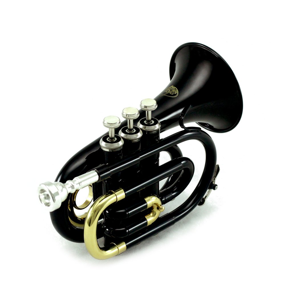 Sky Band Approved Black Plated Bb Pocket Trumpet with Case - Professional Compact Brass Instrument for Beginners & Travel, Includes Cleaning Cloth, Gloves & Valve Oil for Optimal Performance - Perfect for Jazz Bands, School Practice & Outdoor Performances