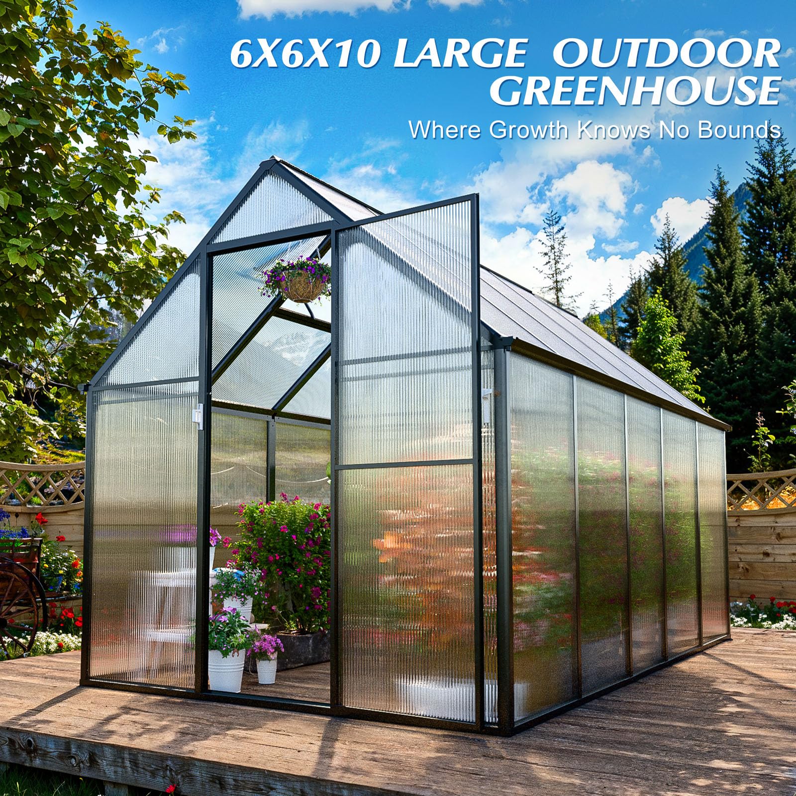 6x10 FT Polycarbonate Greenhouse Kit - Heavy Duty Aluminum Walk-in Greenhouse with Quick Setup, Rain Gutter & Ventilation Window - Perfect for Outdoor Garden, Backyard & Plant Protection