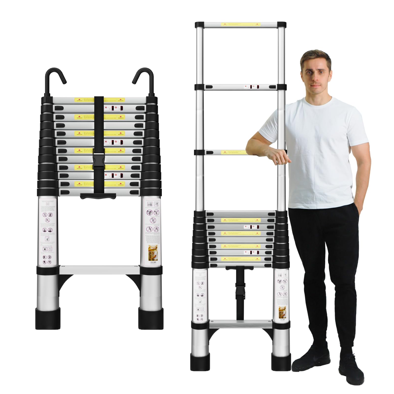 EvaStar 12.5FT Aluminum Telescoping Ladder - Lightweight Extension Ladder with Hooks & Stabilizers, 330lbs Capacity Collapsible Ladder for Home, RV, Roof, Painting, Construction and Outdoor Use - Silver