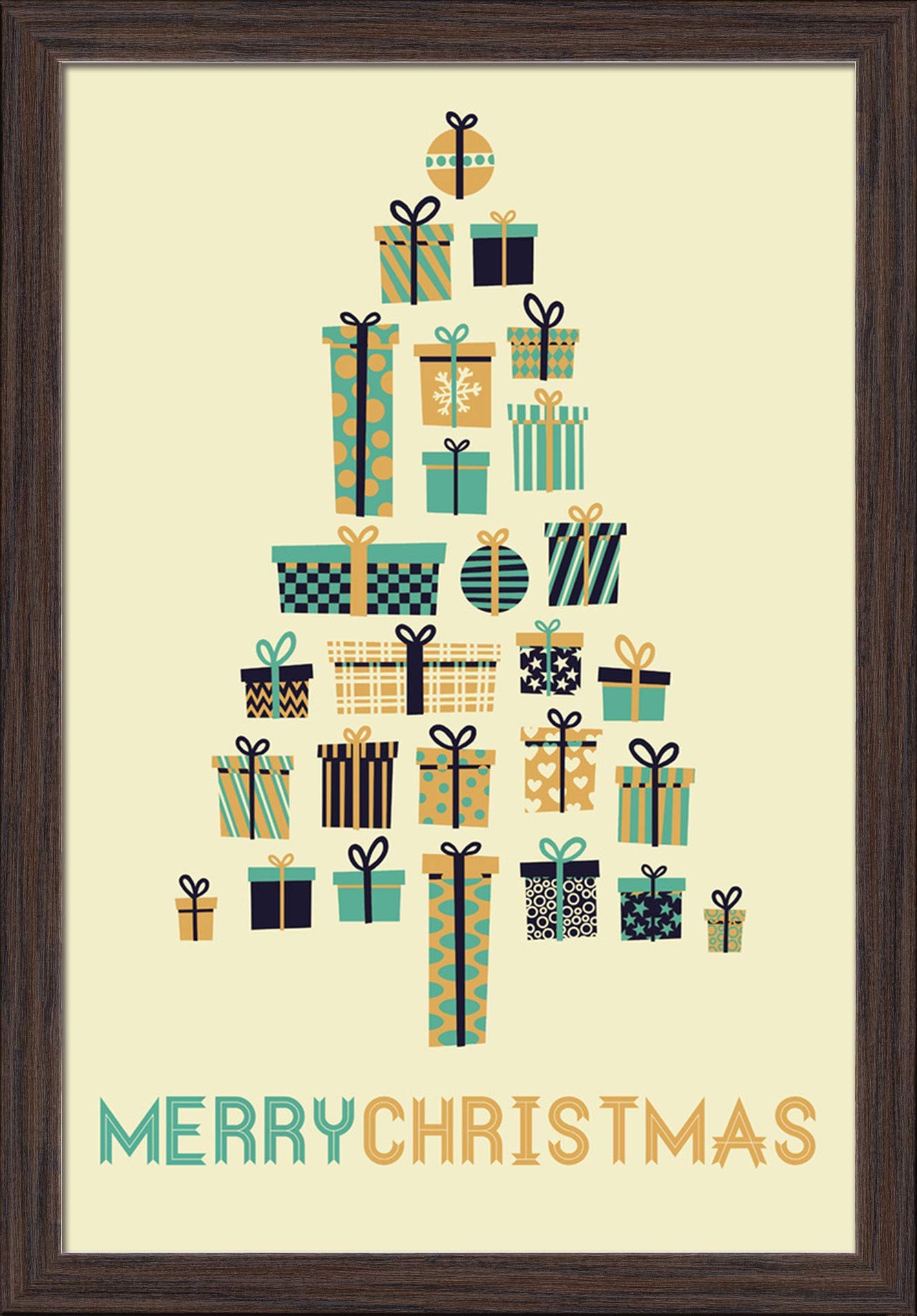 Vintage Christmas Tree Art Print - 16x24 Inch Giclee Fine Art on Recycled Wood Frame in Espresso Brown - Perfect Holiday Home Decor & Festive Wall Art for Living Room, Office or Christmas Gift