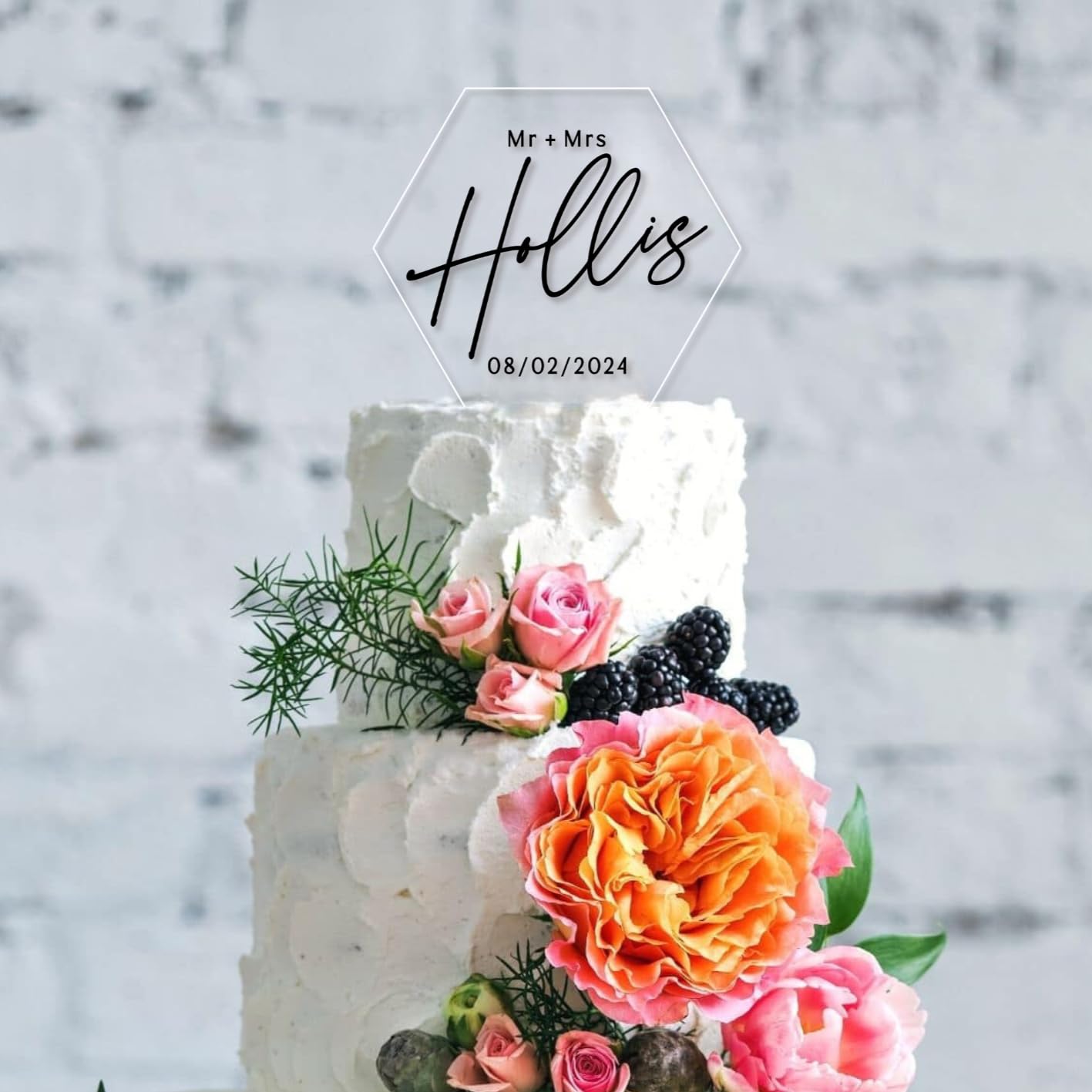 Custom Personalized Acrylic Hexagonal Wedding Cake Topper with Names - Elegant Wedding Cake Decoration for Anniversaries, Bridal Showers & Special Celebrations