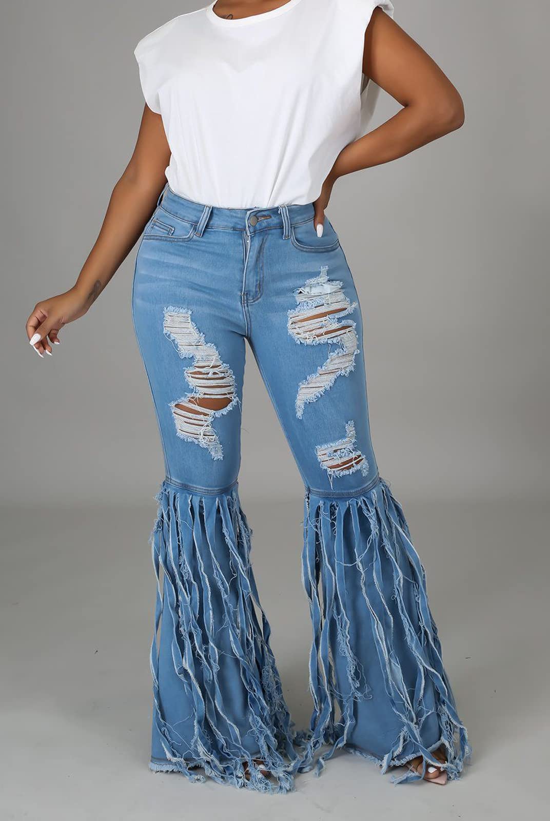 **Women's High Waisted Bell Bottom Jeans - Distressed Ripped Flare Denim Pants with Elastic Waist & Raw Hem | 70s Vintage Style for Casual Outfits & Music Festivals**