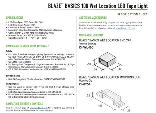 Blaze Basics 12V 3000K Wet Location LED Strip Light - DI-12V-BLBSC1-30-W016 - Durable Waterproof Diode LED for Outdoor & Indoor Use - Perfect for Patios, Kitchens, and Under-Cabinet Lighting