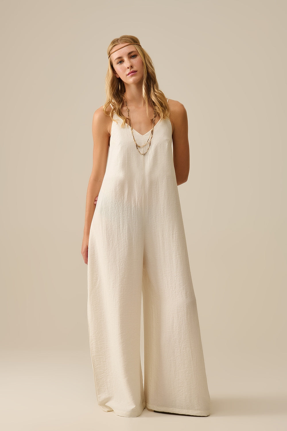 Elegant Cream Textured Long Dress with Beaded Straps - Perfect for Weddings, Parties & Special Occasions