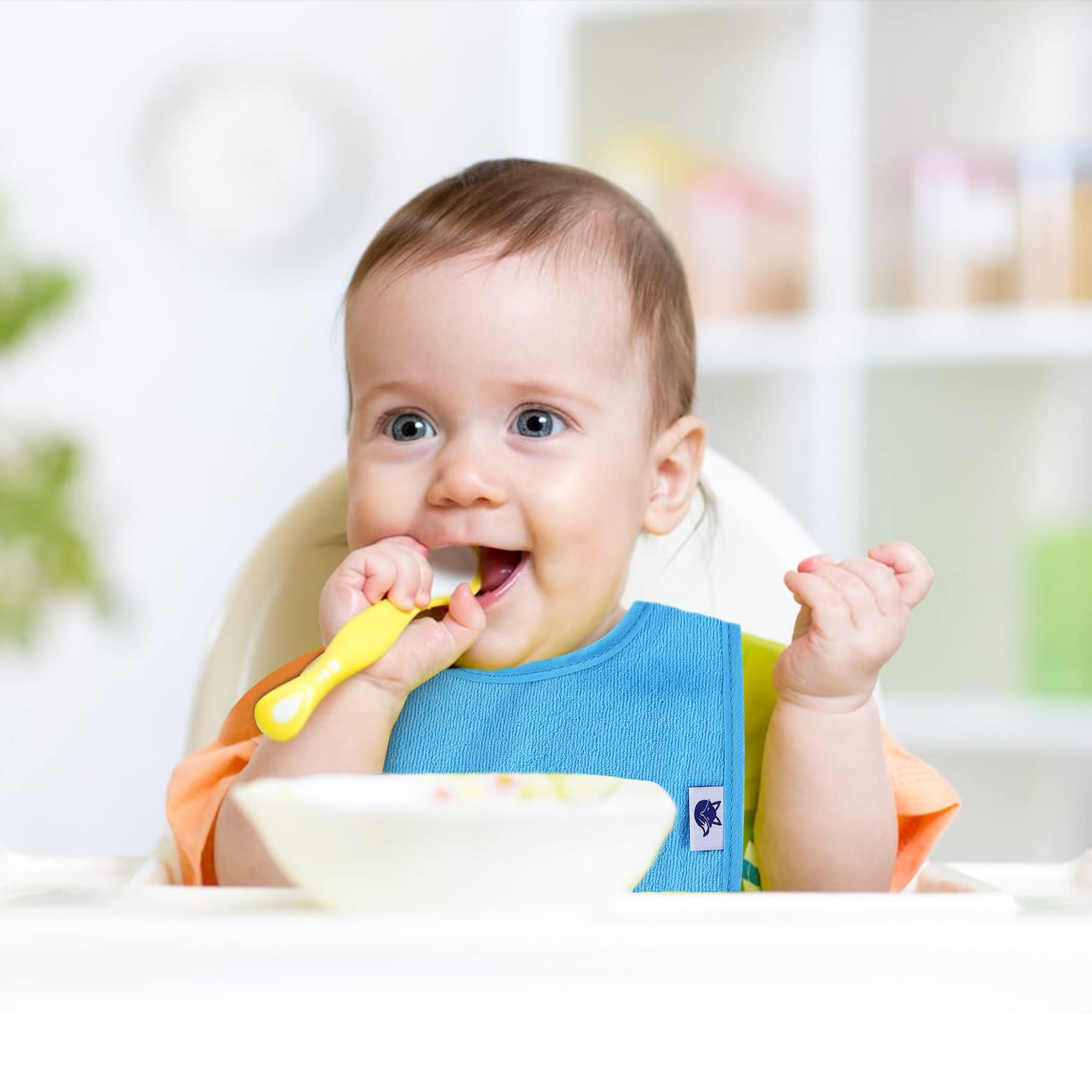 12 Pack Terry Drool Cotton Bibs - Unisex Baby Bibs with Fiber Filling & Waterproof Layer for Feeding, Teething & Drooling - Soft & Absorbent for Infants & Toddlers During Mealtime & Playtime