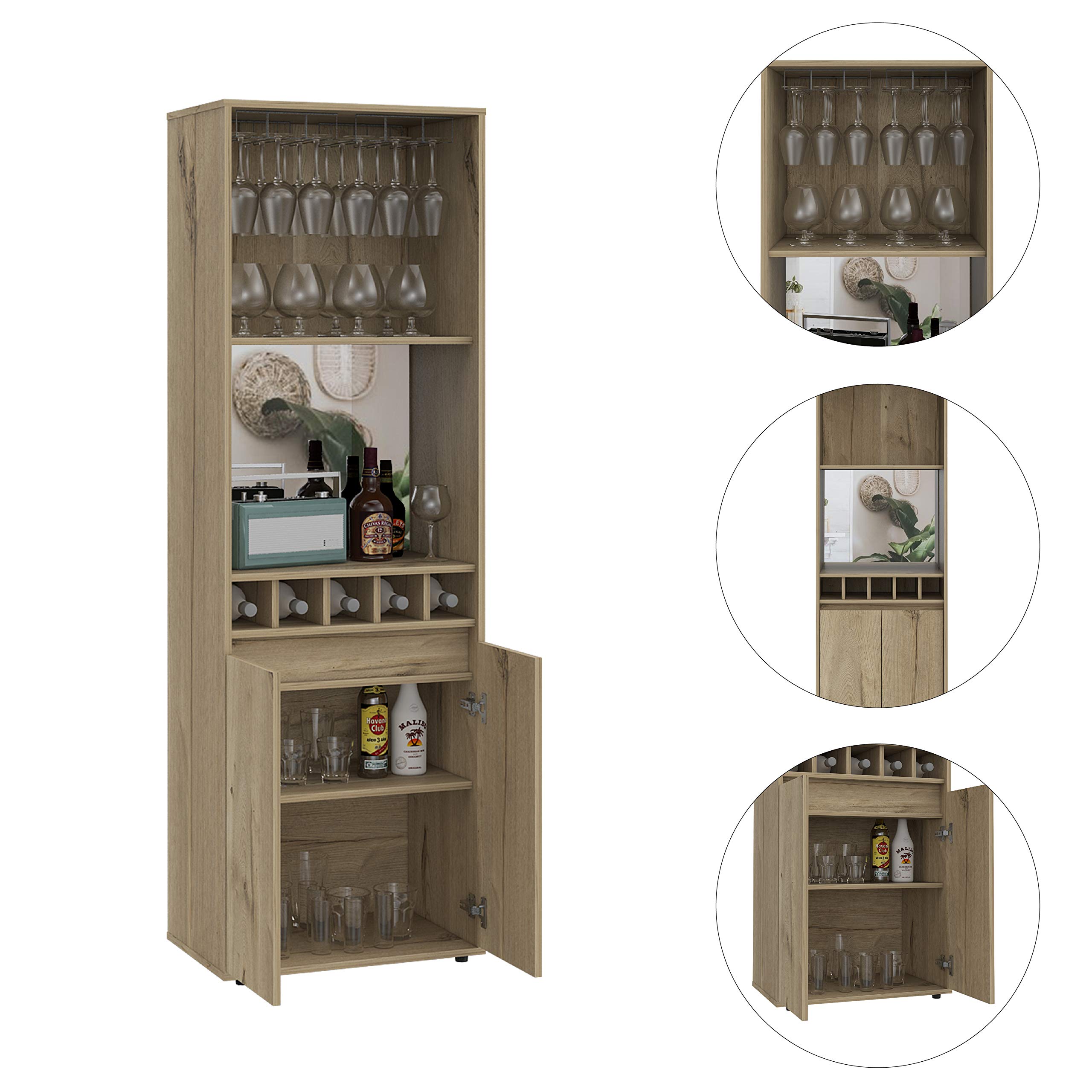Redding Bar Cabinet with 2 Open Shelves & Double Doors - Light Oak Storage for Wine Bottles, Glassware & Liquor - Perfect for Home Bar, Dining Room or Entertainment Area