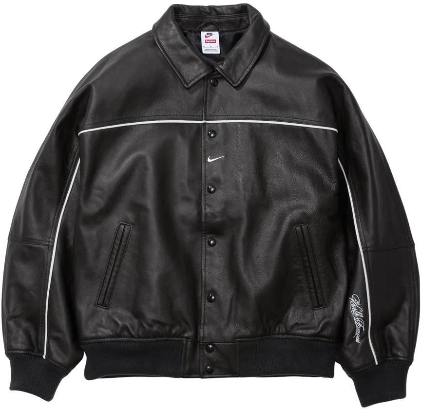 PREORDER Supreme x Nike Leather Varsity Jacket - Men's Fashion Streetwear Bomber Coat for Hip-Hop Style & Urban Outfits - Perfect for Concerts, Skateboarding & Street Photography