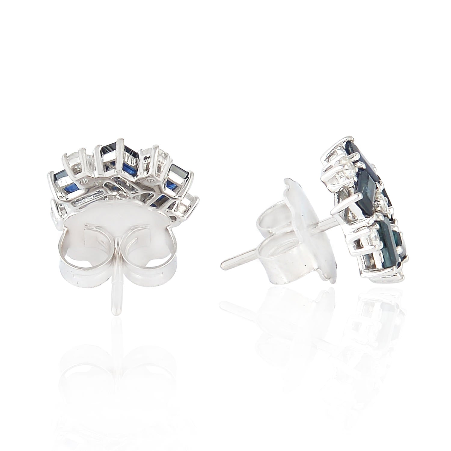 Blue Sapphire Baguette Pave Diamond Floral Stud Earrings in 14K White Gold – Elegant Wedding, Party & Evening Wear Jewelry