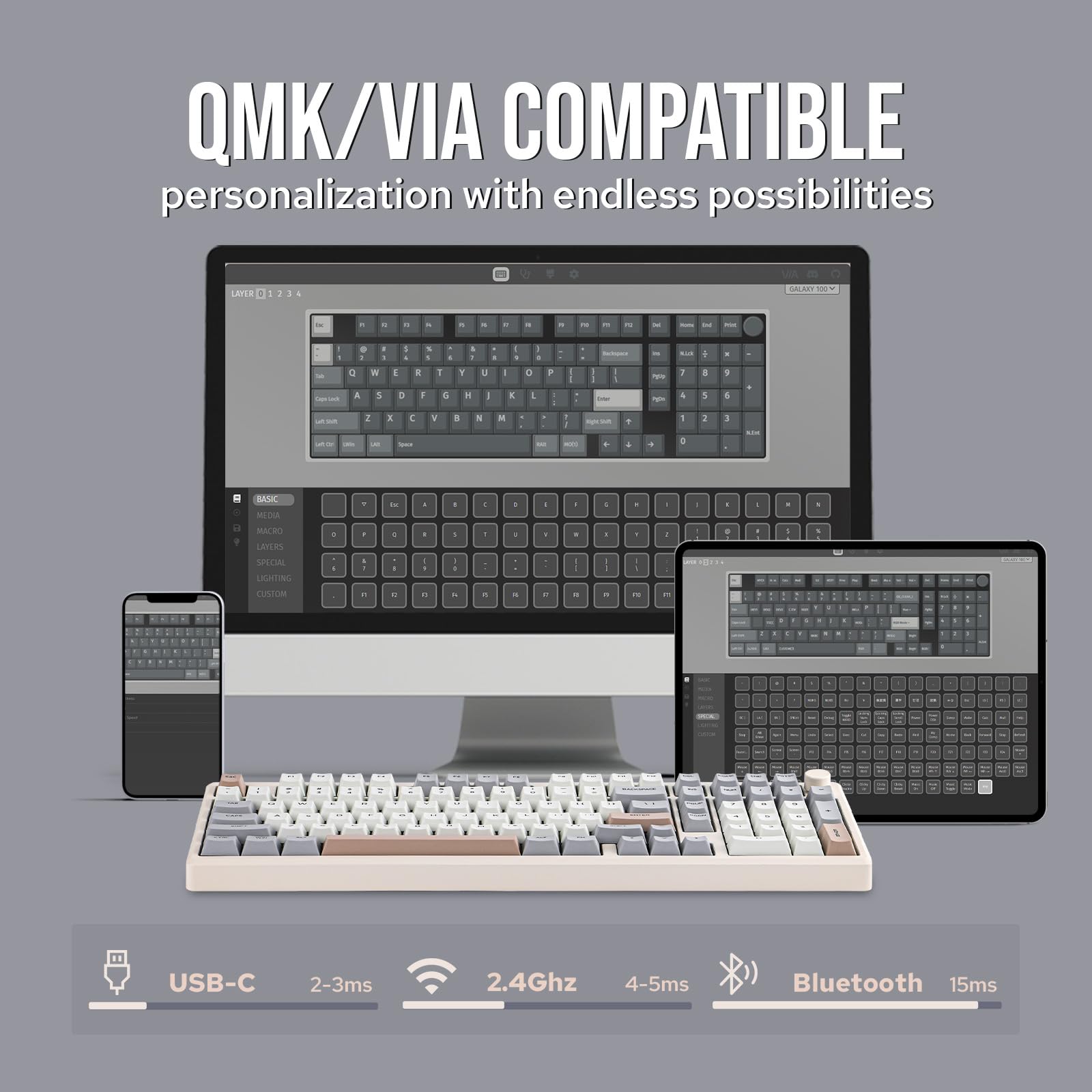 EPOMAKER Galaxy100 QMK/VIA Wireless Mechanical Gaming Keyboard - Aluminum Frame, Bluetooth 5.1/2.4GHz/USB-C, Hot-Swappable Linear Switches, RGB Backlit (Creamy White) | Perfect for Esports, Office Work & Streaming Setup