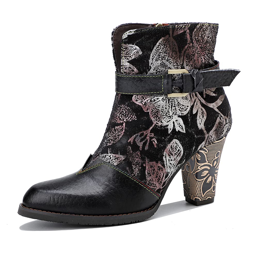CrazycatZ Women's Vintage Leather Ankle Boots with Block Heel - Colorful Retro Style for Casual Outfits & Fall Fashion