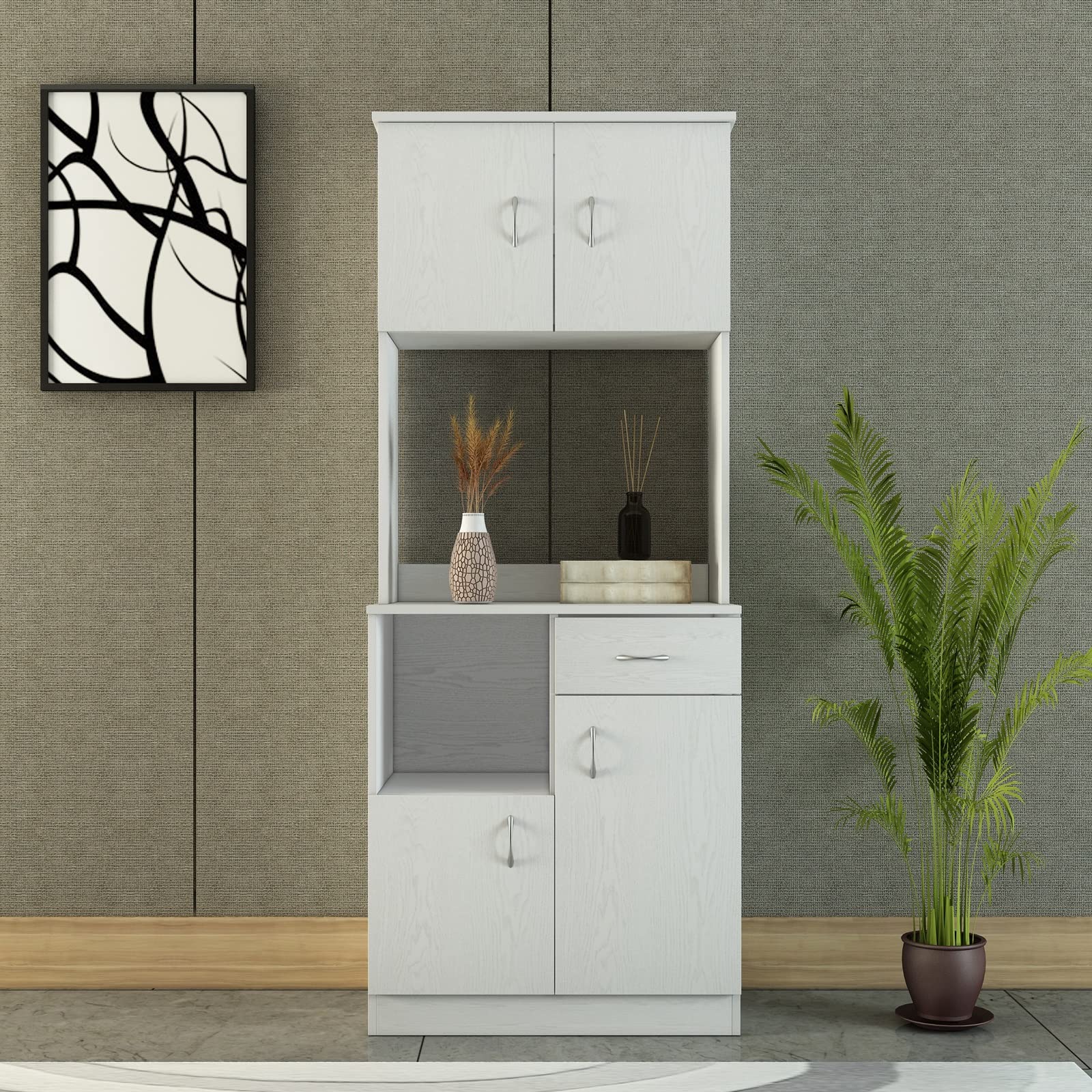 Modern White Oak Kitchen Pantry with Buffet Cabinet - 4 Doors & 1 Drawer, Sturdy Cupboard with Adjustable Shelves for Dining Room Storage & Organization
