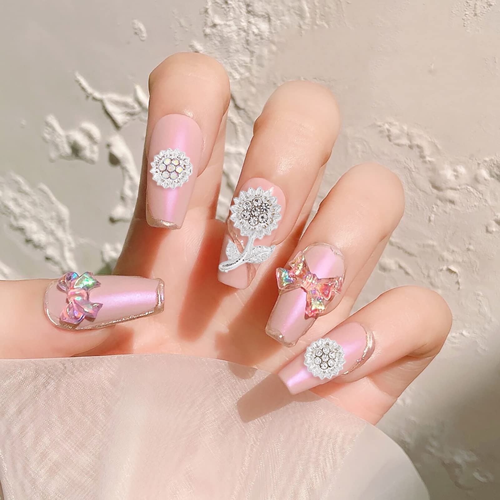 NICENEEDED 20Pcs Alloy Sunflower Nail Charms - 3D Gold & Silver Flower Nail Studs with Rhinestones, 10 Styles Metal Nail Art Decorations for Women & Girls DIY Manicure - Perfect for Nail Salon, Home Nail Design & Party Nail Art