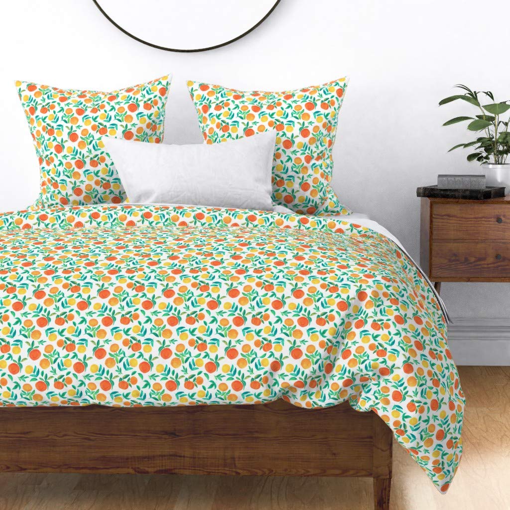 Custom Spoonflower Cotton Sateen Duvet Cover - Twin Size, Vibrant Orange Citrus Watercolor Print with Spanish Fruit & Botanical Leaves Design | Perfect for Bedroom Decor, Summer Refresh & Kitchen-Themed Home Styling