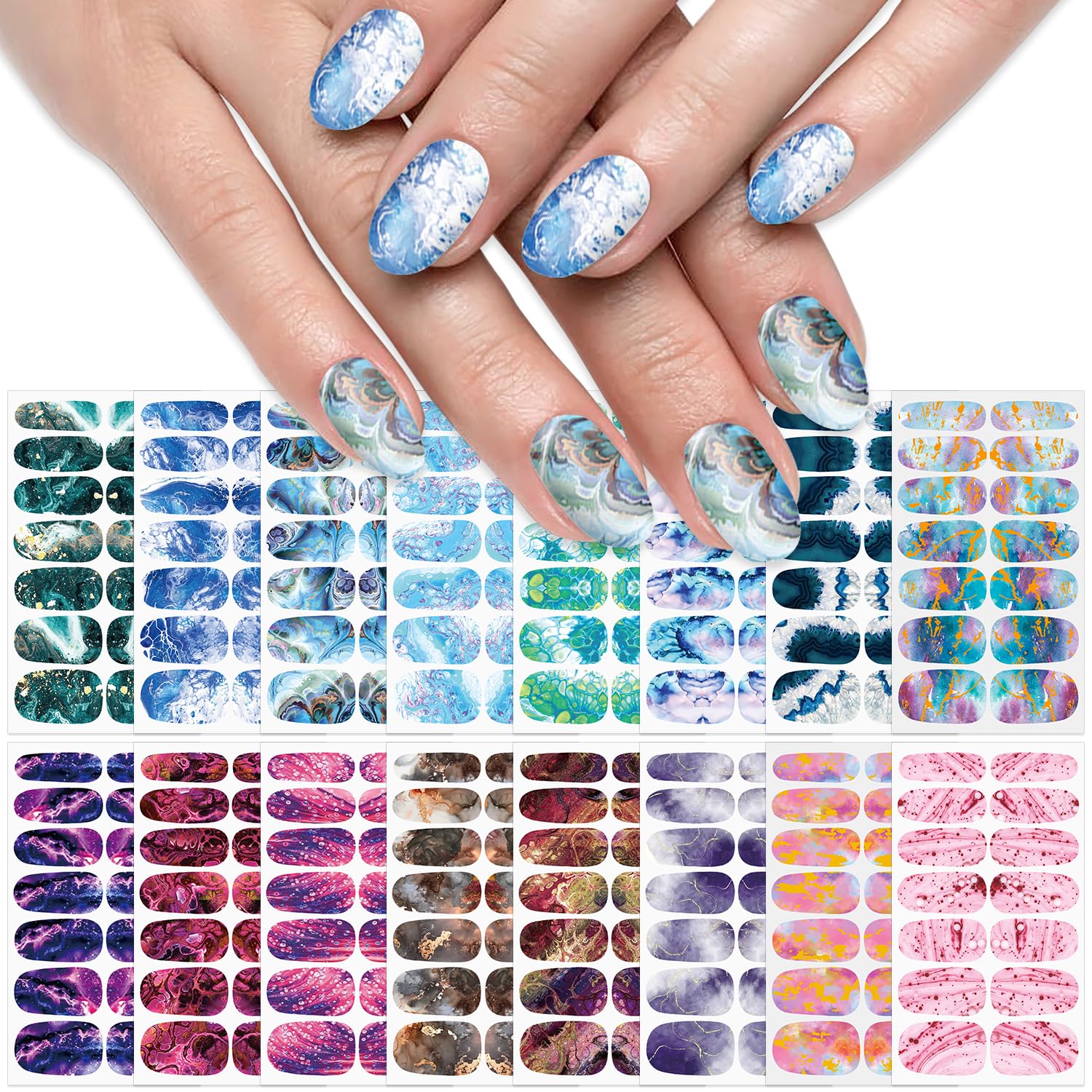 SILPECWEE 16 Sheets Nail Polish Stickers - Full Cover Self-Adhesive Nail Wraps for Women, Gel Nail Strips Press on Manicure Stickers with Nail File (Colorful Marble Design) - Perfect for Home Manicures, Parties & Gifts