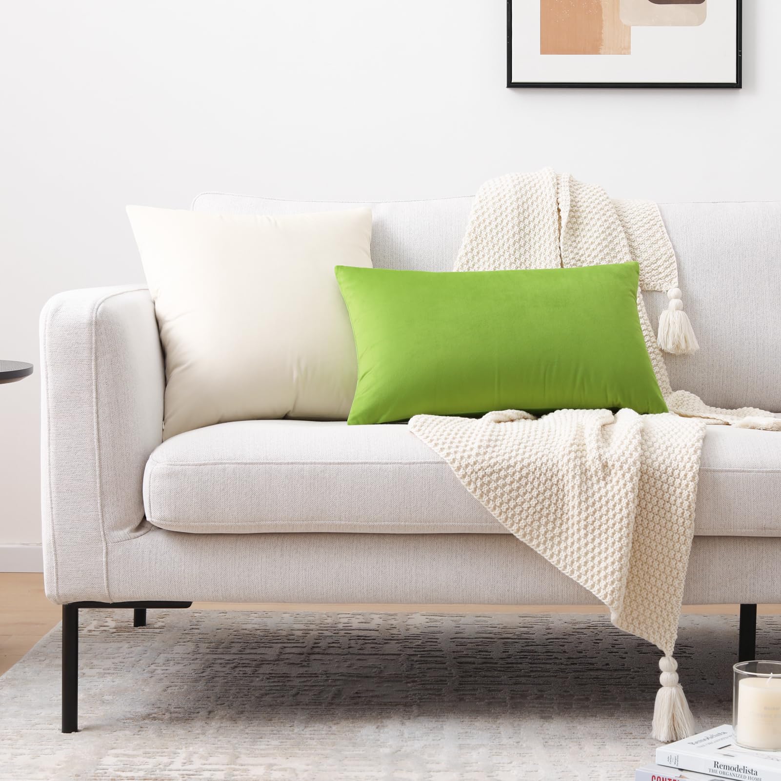 Mixhug Velvet Decorative Throw Pillow Covers - Soft Solid Cushion Cases for Couch, Sofa & Bed (20x20 Inches, Set of 2, Cream) - Perfect for Living Room Decor, Bedroom Accents & Cozy Home Styling