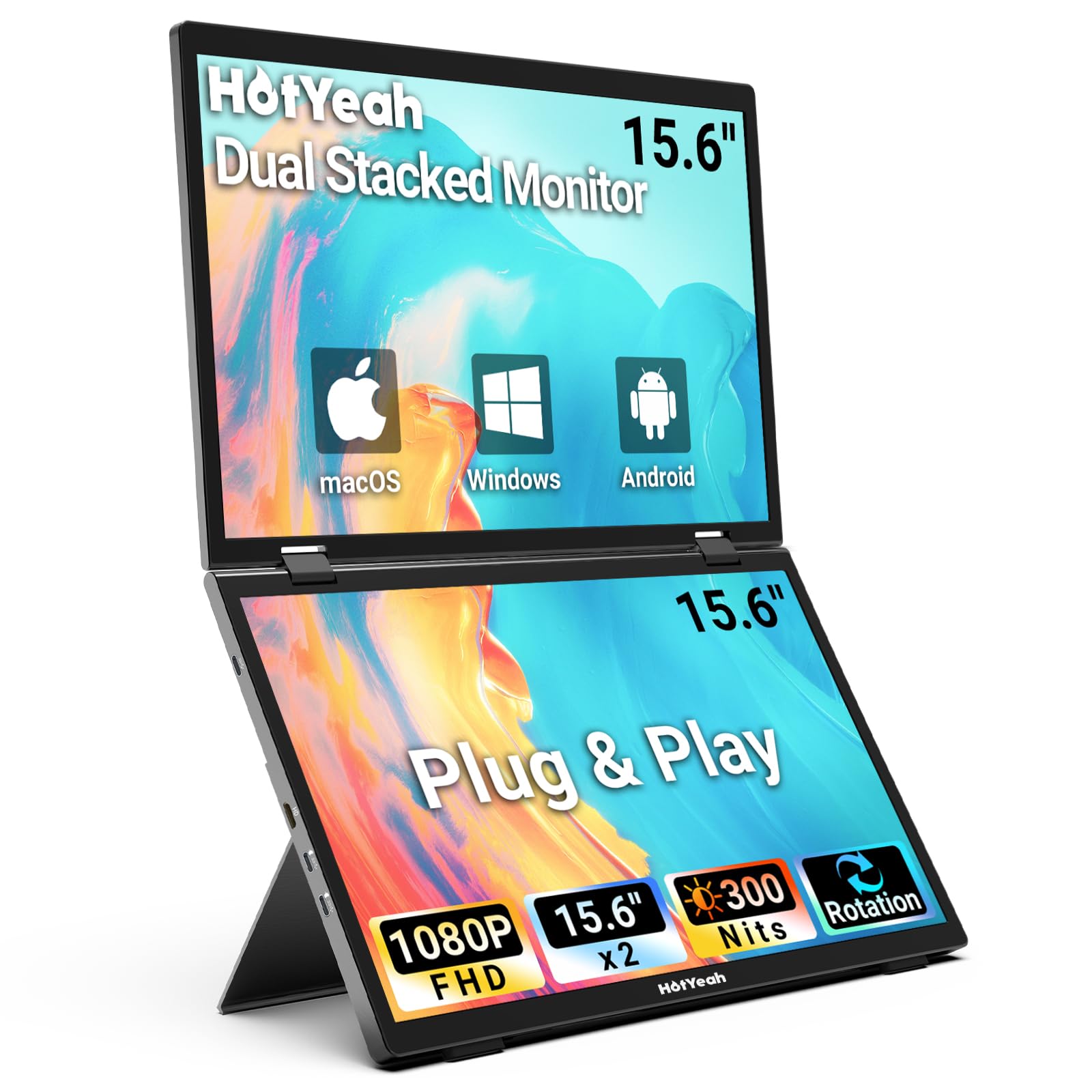 HotYeah Triple Laptop Screen Extender - 15.6'' Dual Stacked Portable Monitor for Windows & Mac | USB-C/HDMI 1080P IPS Display | Plug & Play Foldable Extended Monitor with Kickstand & 180° Rotation | Perfect for Multitasking, Remote Work & Gaming Setup