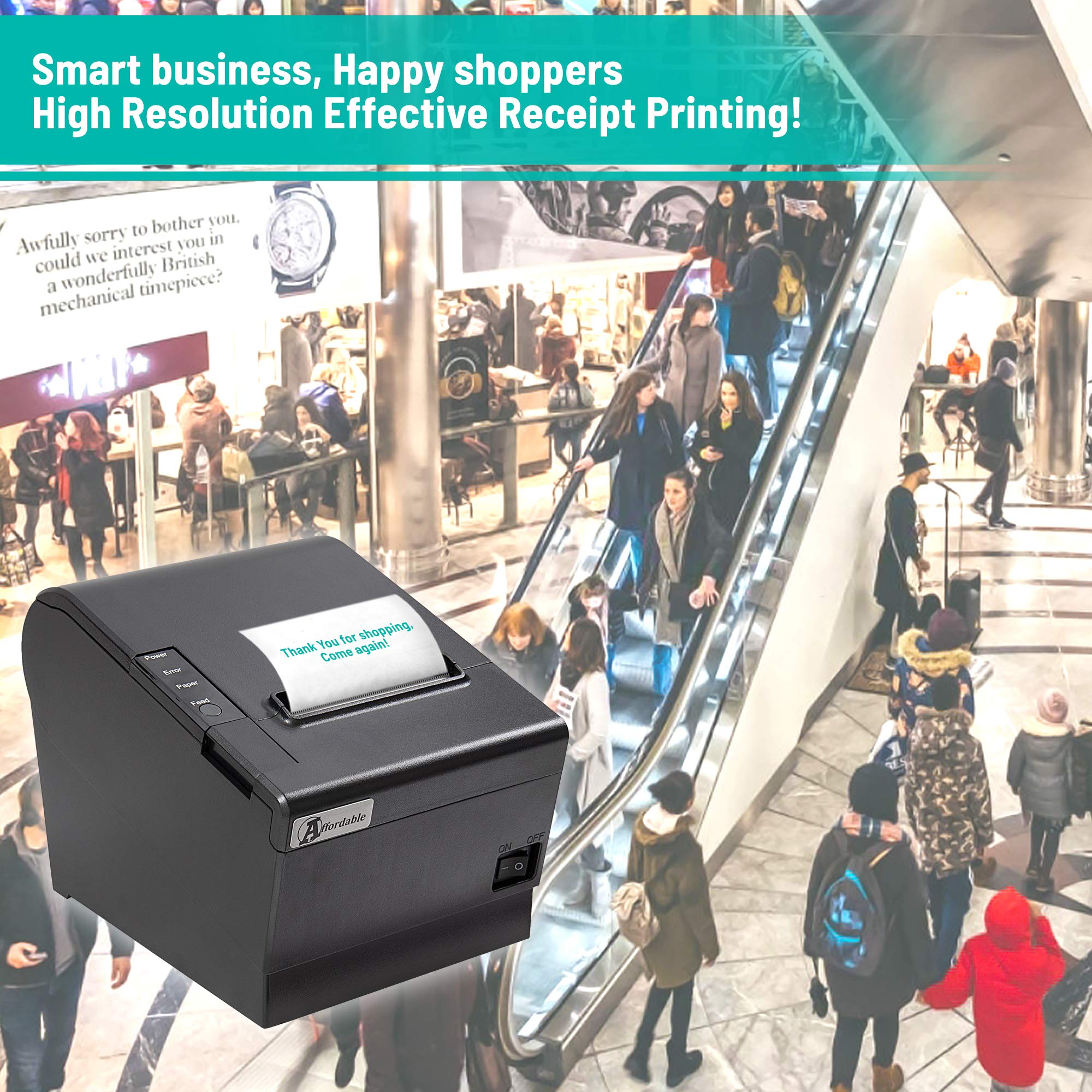 80mm Desktop Thermal Receipt Printer with Auto Cutter - High-Speed 250mm/s Printing - Glossy Black Design - Plug & Play for Retail, Restaurant & POS Systems