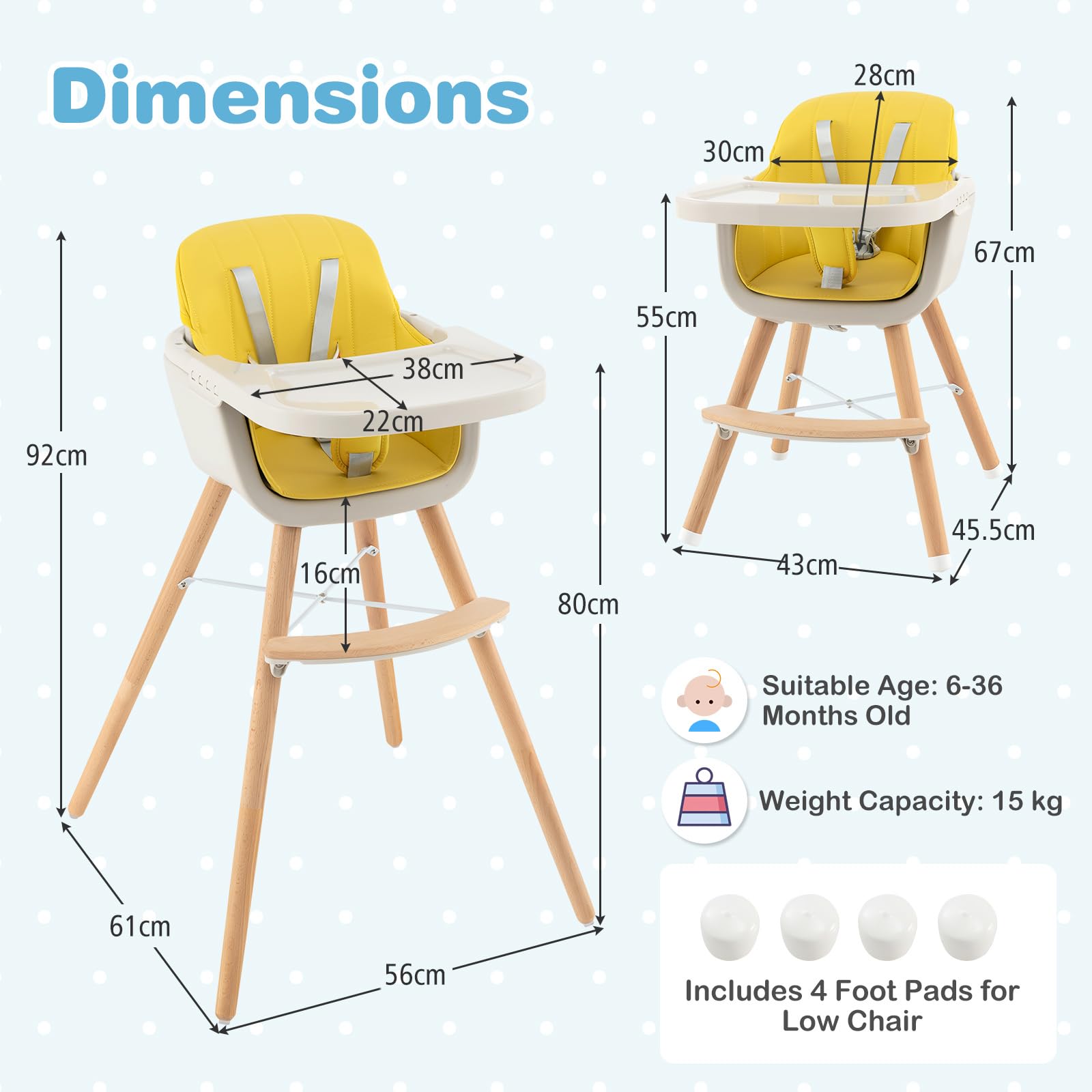 HONEY JOY 3-in-1 Wooden High Chair for Babies & Toddlers - Convertible Booster Seat & Toddler Chair with Removable Tray, 5-Point Safety Harness, PU Cushion & Adjustable Footrest - Perfect for Dining, Feeding & Learning (Yellow)