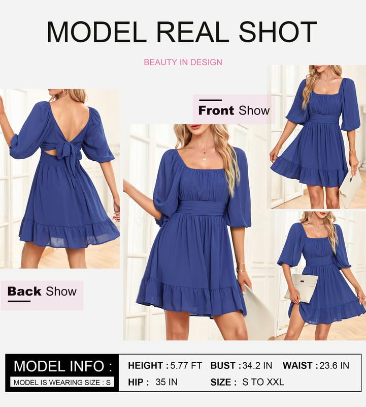 Dokotoo Women's Summer Dress - Square Neck, Tie Back, Lantern Sleeve, Ruffle A-Line Casual Sundress for Beach, Vacation & Outdoor Activities