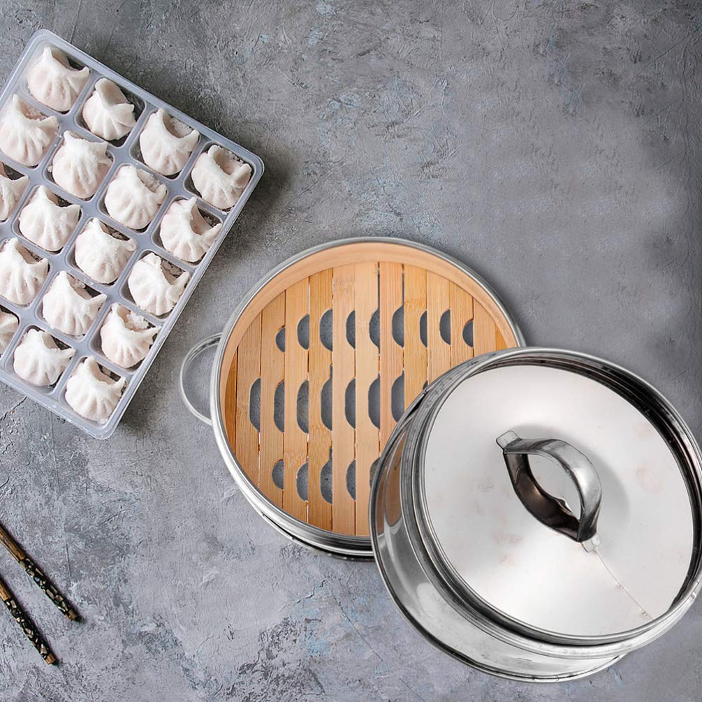 DOITOOL Stainless Steel Stackable Steamer Pot Set - 3-Piece Metal Food Steamer for Vegetables, Seafood & Desserts - Bamboo Lid Kitchen Utensil for Healthy Cooking | Stovetop & Induction Compatible | Perfect for Dim Sum, Tamales & Meal Prep