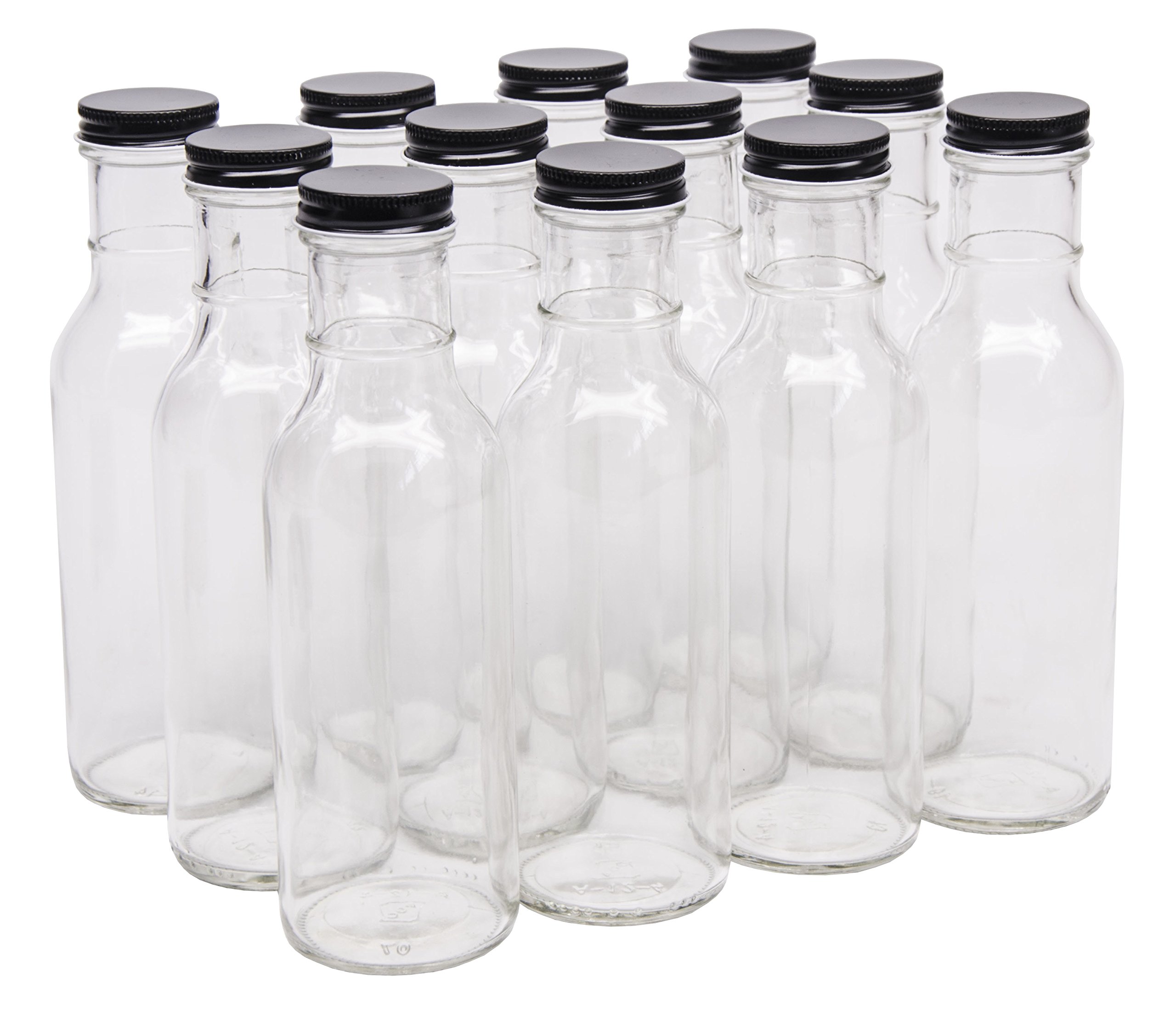 North Mountain Supply 12oz Glass Ring-Neck Sauce Bottles with Black Metal Lids - 38mm CT - Case of 12 - Perfect for Restaurants, Catering & Home Condiment Storage
