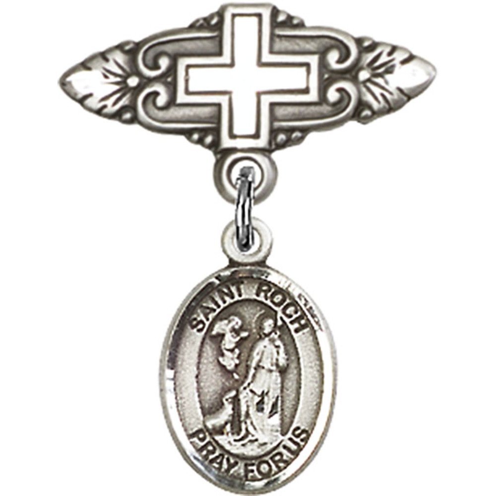 St. Roch Sterling Silver Baby Badge with Cross Charm - 1 X 3/4 Inches - Religious Jewelry for Baptism, First Communion & Baby Blessing Gifts
