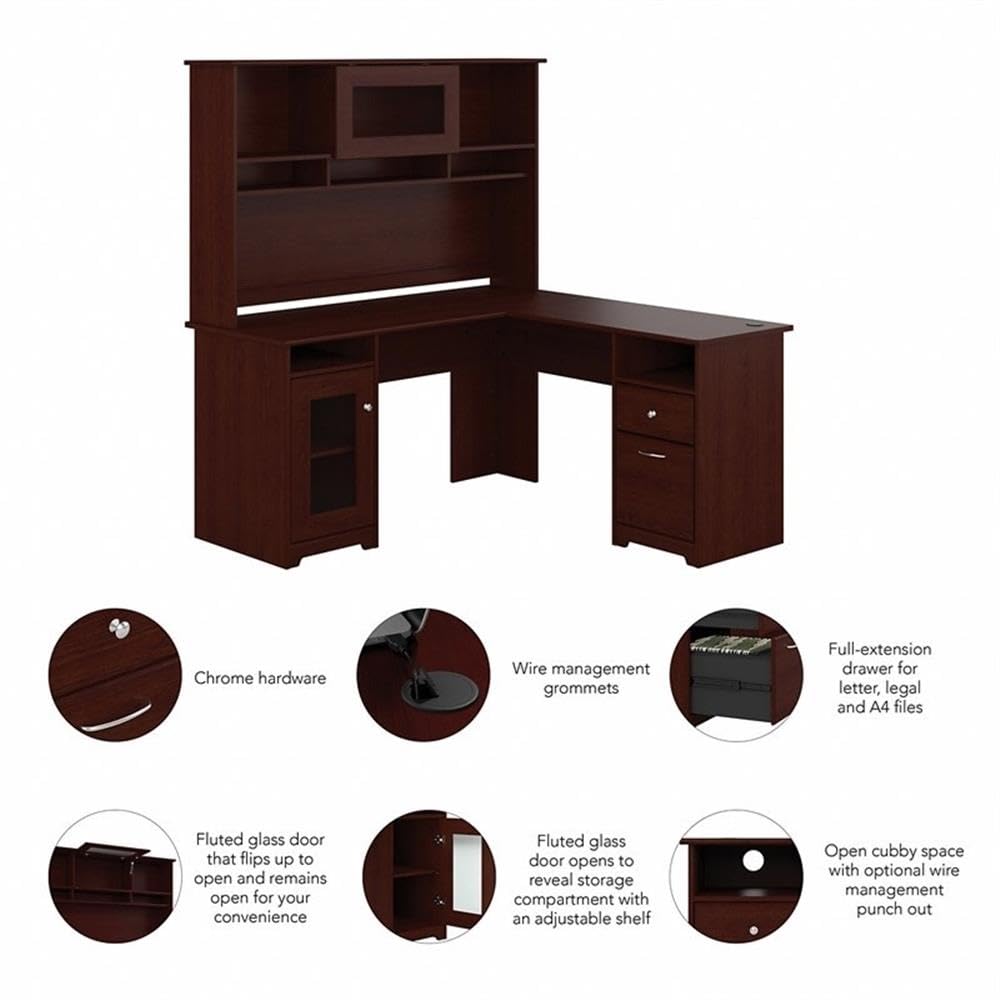 Pemberly Row Transitional Engineered Wood L-Shaped Computer Desk with Hutch in Cherry Finish - Home Office Workstation for Small Spaces & Modern Workspaces
