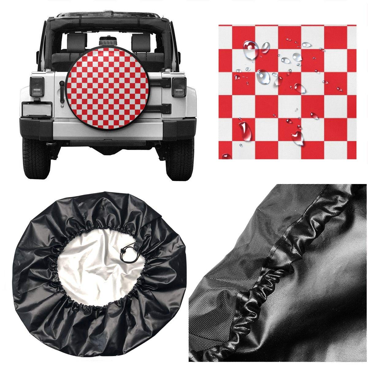 Waterproof Buffalo Plaid Spare Tire Cover - Red & White Checkered Design for Trucks, Cars, SUVs (Fits 14 Inch Wheels) | Durable All-Weather Protection for Off-Road Adventures & Daily Commutes