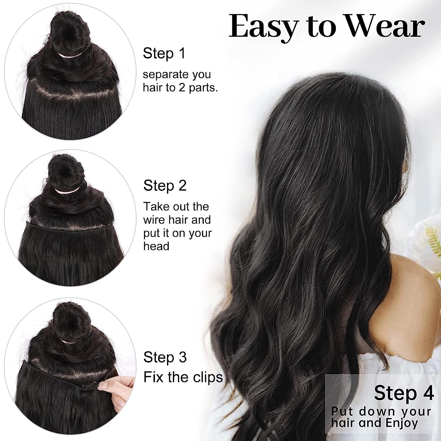 El Cabell Brown Invisible Wave Hair Extensions - 24 Inch Adjustable Size with Transparent Headband & 5 Secure Clips - Natural Looking Long Wavy Hairpiece for Women - Perfect for Daily Wear, Parties, Weddings and Special Occasions
