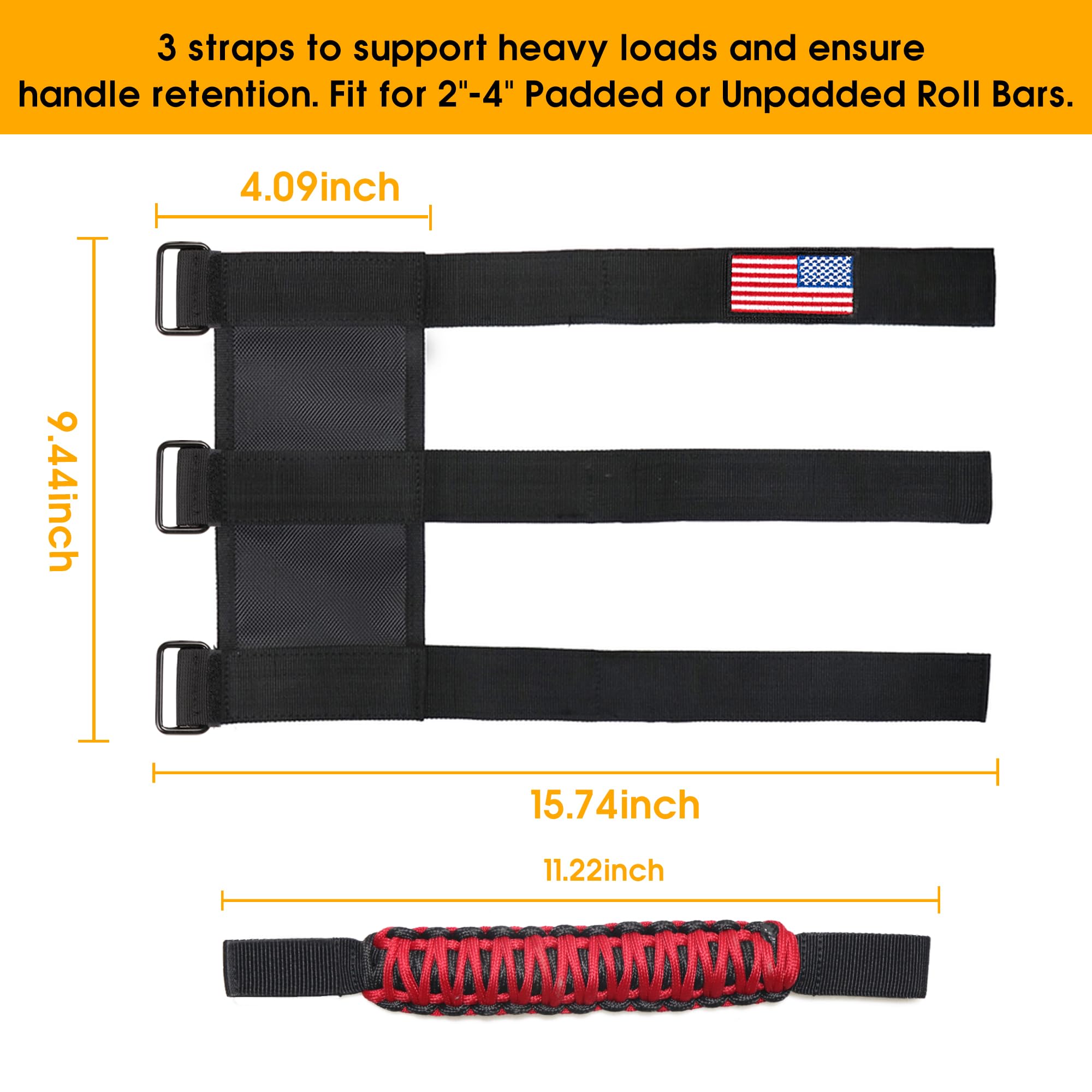 Heavy Duty Roll Bar Paracord Grab Handles for Jeep Wrangler YJ TJ JK JL & Gladiator JT 1955+ UTV ATV - Interior Accessories (Red) - Perfect for Off-Roading, Camping & Adventure Vehicles