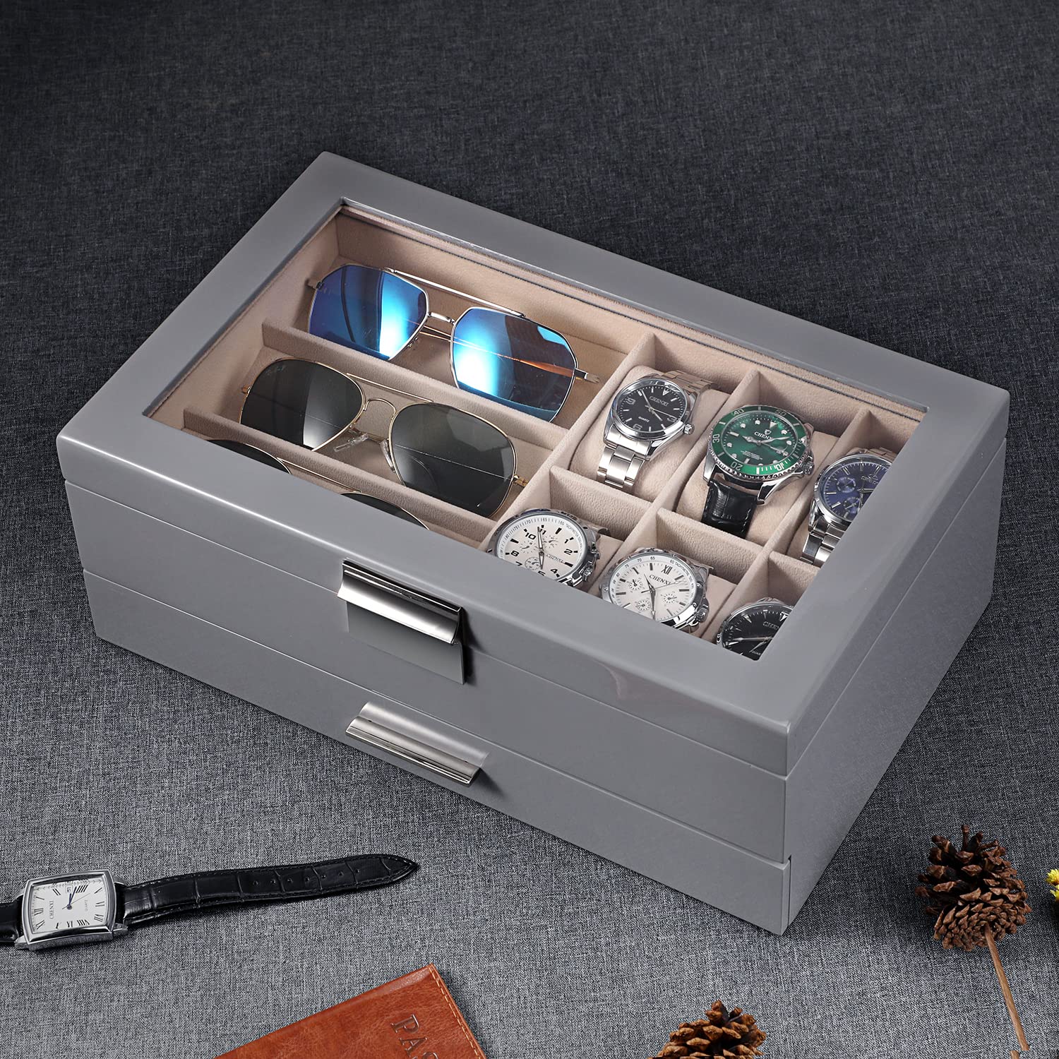 Premium 2-Layer PU Leather Watch Box Organizer for Men & Women - Large Jewelry Storage Case with Display Holder for Watches, Sunglasses, Bracelets, Necklaces & Rings (Grey & Apricot) - Perfect for Home, Office & Travel Organization