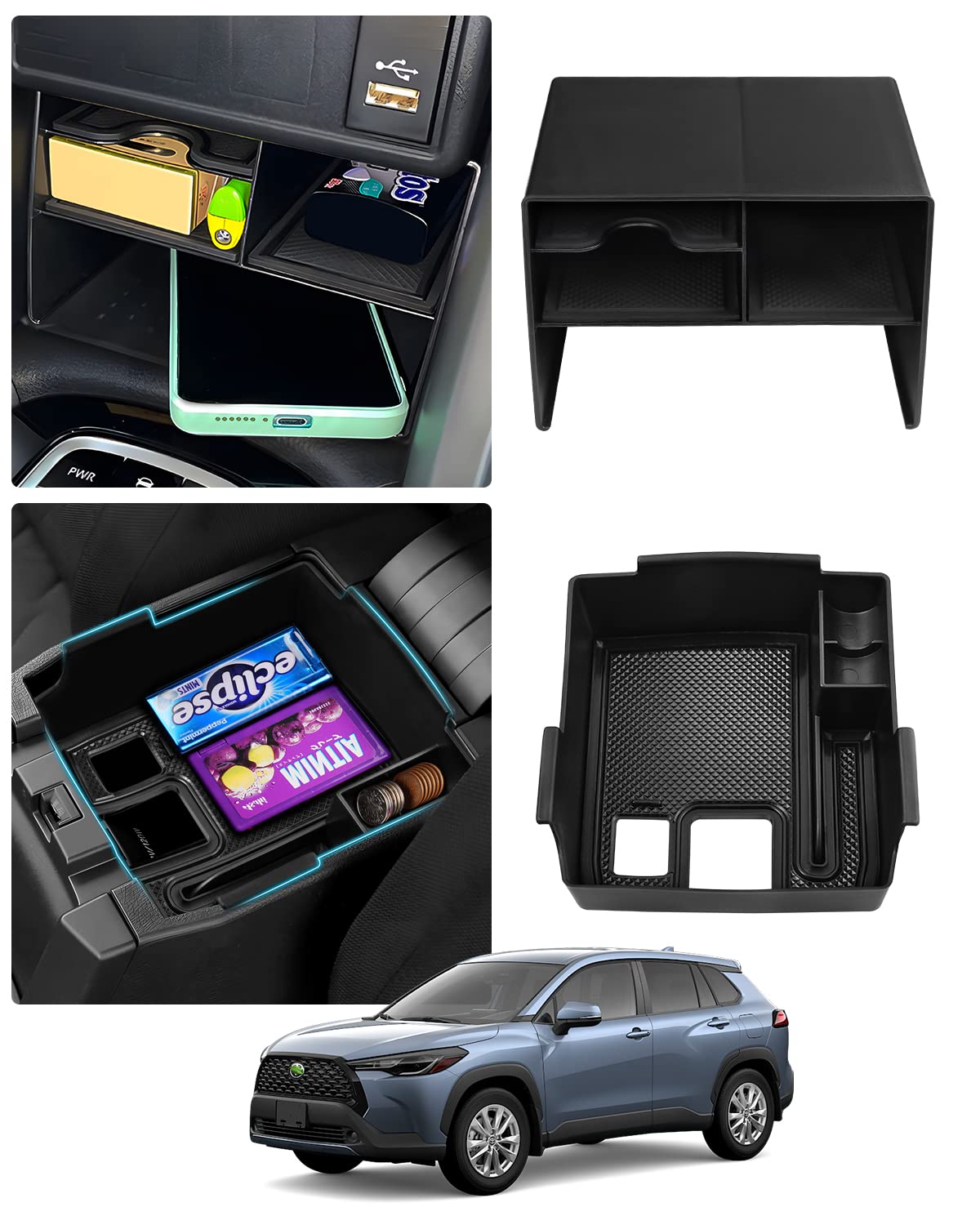 2PCS Center Console Organizer Tray for 2022-2025 Toyota Corolla Cross | Non-Slip Armrest Storage Box | Car Accessories for Organization | Perfect for Road Trips & Daily Commute