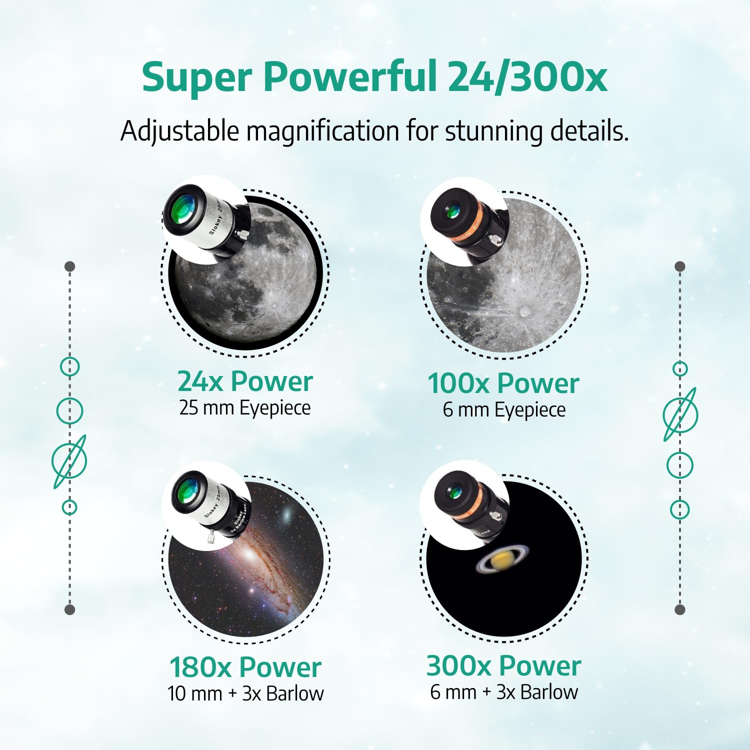 Slokey 60090 Astronomical Refractor Telescope 24x-300x Magnification - Portable & Powerful Travel Telescope for Adults & Beginners - Perfect for Moon Viewing, Planet Observation & Stargazing - Ideal for Camping, Hiking & Outdoor Adventures