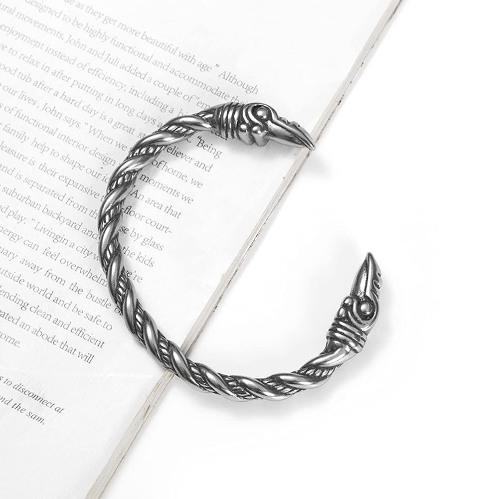Viking Bracelet for Men - Adjustable Stainless Steel Norse Arm Ring with Raven Heads - Scandinavian Bangle Jewelry - Perfect for Viking Cosplay, Medieval Reenactments & Norse Fashion