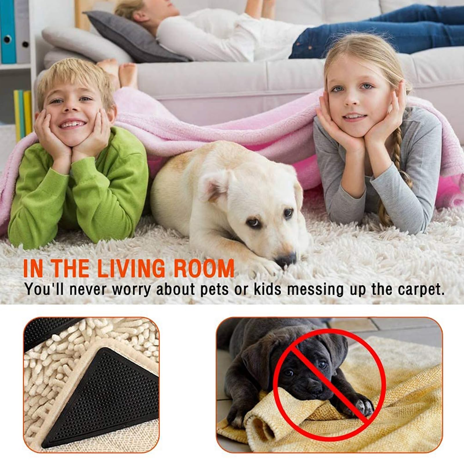 HALLEAST Double-Sided Non-Slip Rug Pad Tape - 8pc Black Washable & Reusable Carpet Tape for Hardwood, Tile Floors, Area Rugs & Floor Mats - Prevents Curling & Secures Rugs to Walls - Perfect for Home, Office & High-Traffic Areas