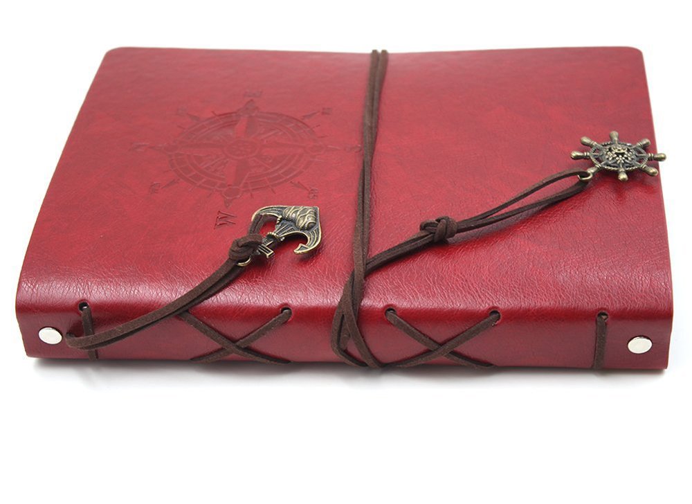 ToiM Pirate Theme Leatherette Cover Self-Adhesive Scrapbook Album - DIY Memory Book for Photos, Handmade Adhesive Scrapbooking Journal (Red) - Perfect for Travel Memories, Baby Books & Wedding Keepsakes