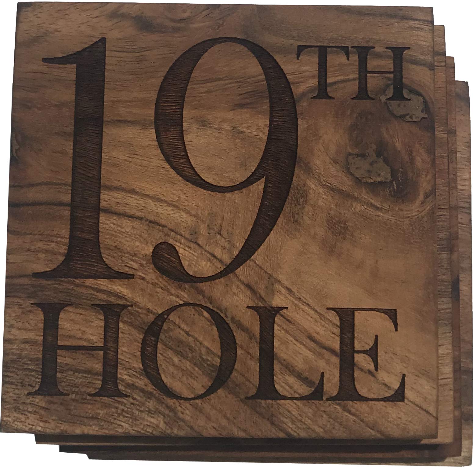 Premium Engraved Acacia Wood Golf Coasters - Set of 4 - Unique Golf Gifts for Men & Women - Perfect for 19th Hole Bar Decor, Home Bar Cart & Golf-Themed Parties - Ideal Golfer Gift for Father's Day, Birthday & Retirement
