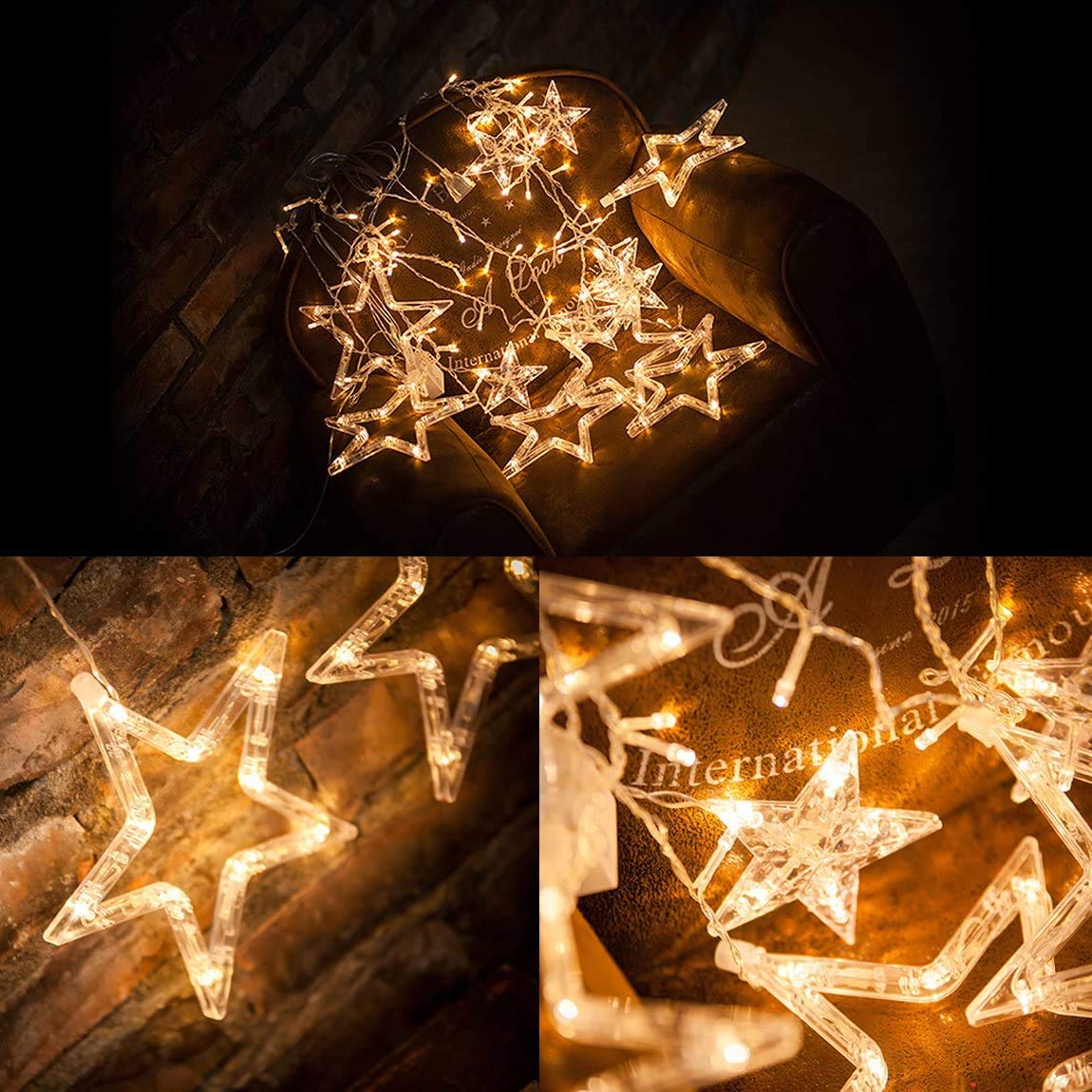 WISHWILL 12-Star 138 LED Twinkle Curtain Lights with 8 Lighting Modes - Waterproof UL Certified Fairy String Lights for Bedroom, Party & Christmas Decor (Warm White) | Perfect for Indoor/Outdoor Weddings, Holidays and Cozy Home Ambiance